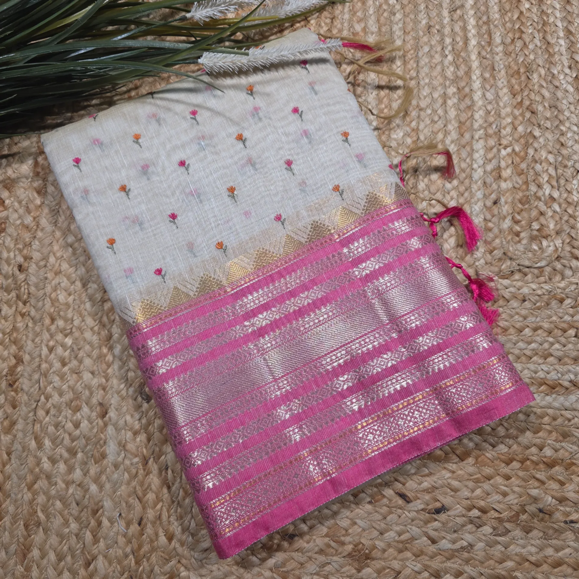 Cream Chanderi Saree with Pink Banarasi Border and Delicate Floral Embroidery