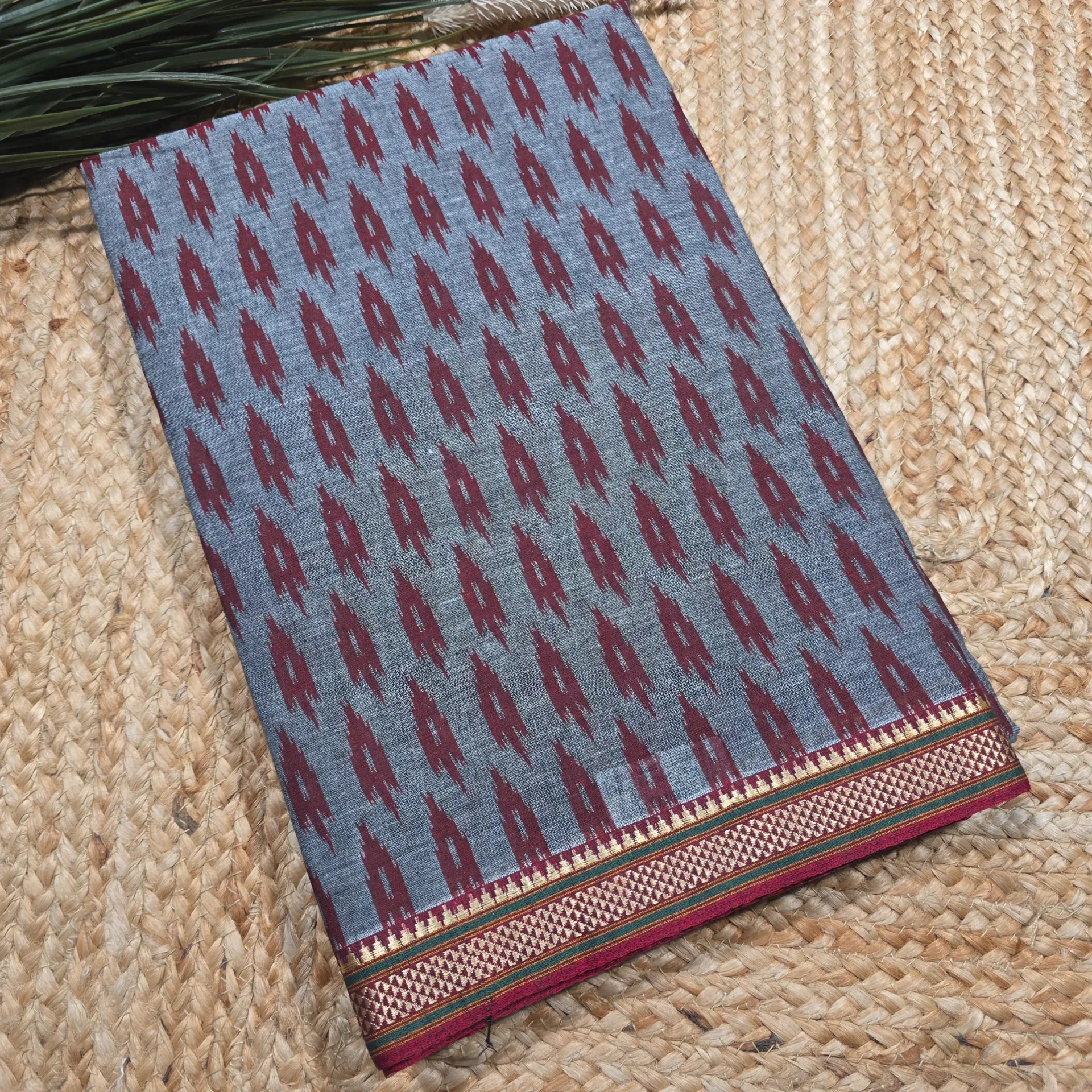 Red & Grey Muslin Handloom Cotton Saree With Ikat Patola Print