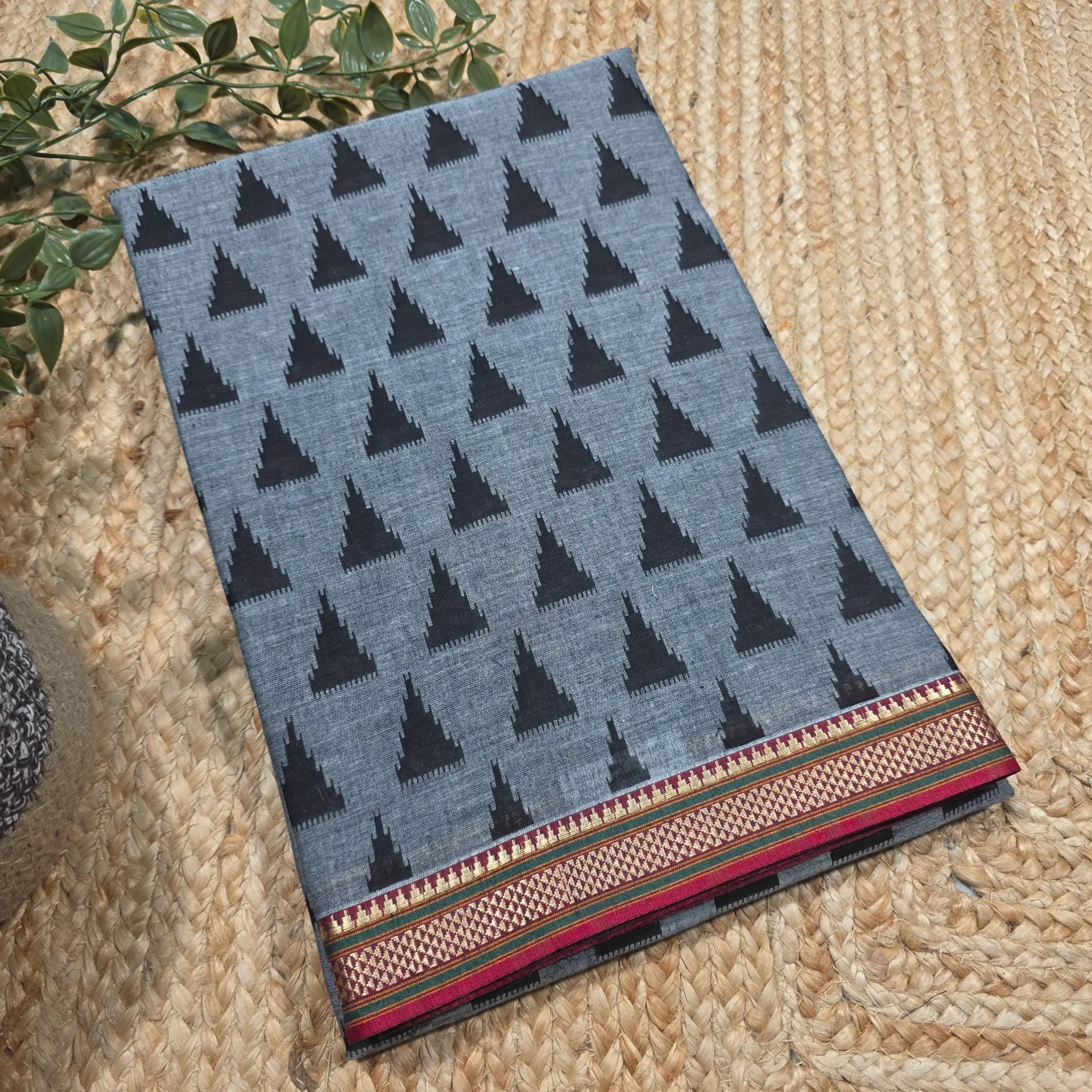 Black & Grey Muslin Handloom Cotton Saree With an Ikat Patola Print