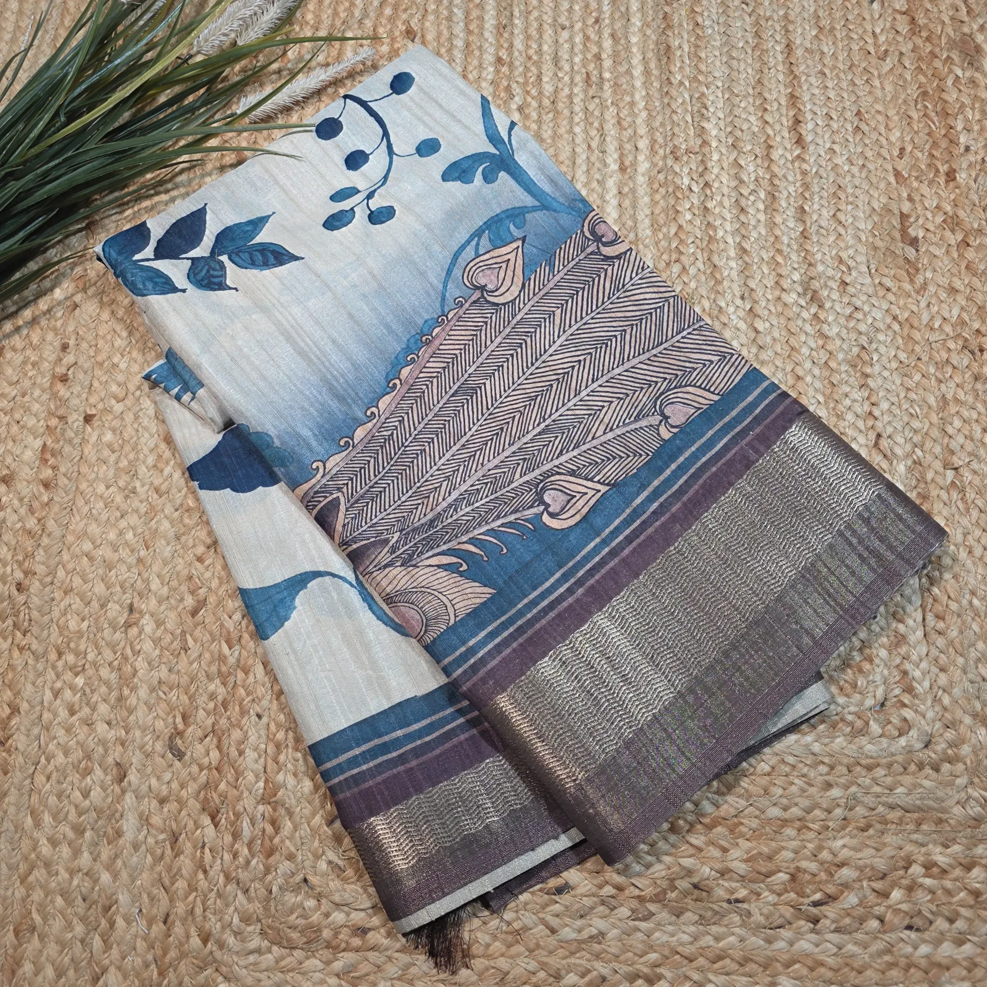 Blue Floral & Peacock Semi Tussar Silk Saree