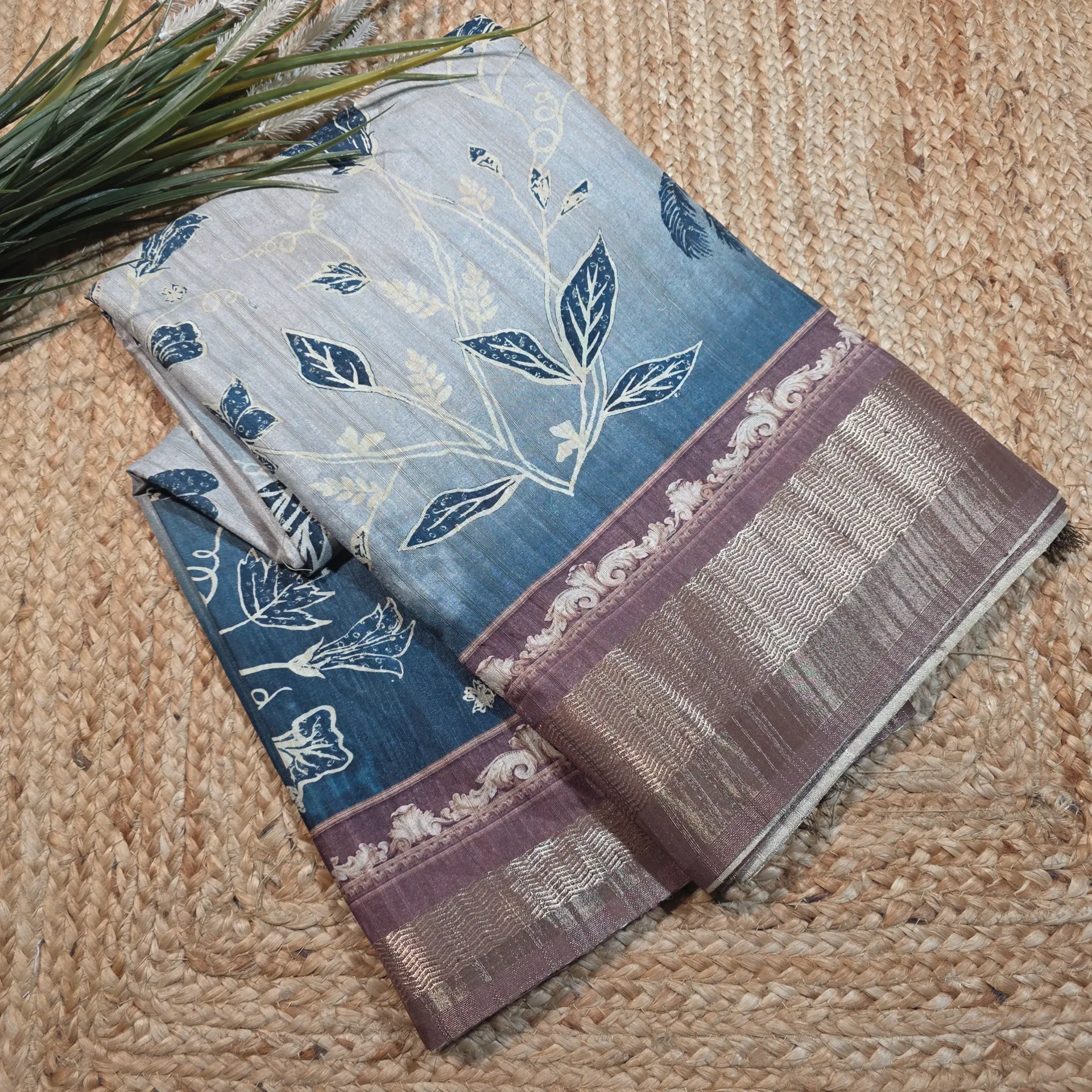 Blue Floral & Birds Semi Tussar Silk Saree