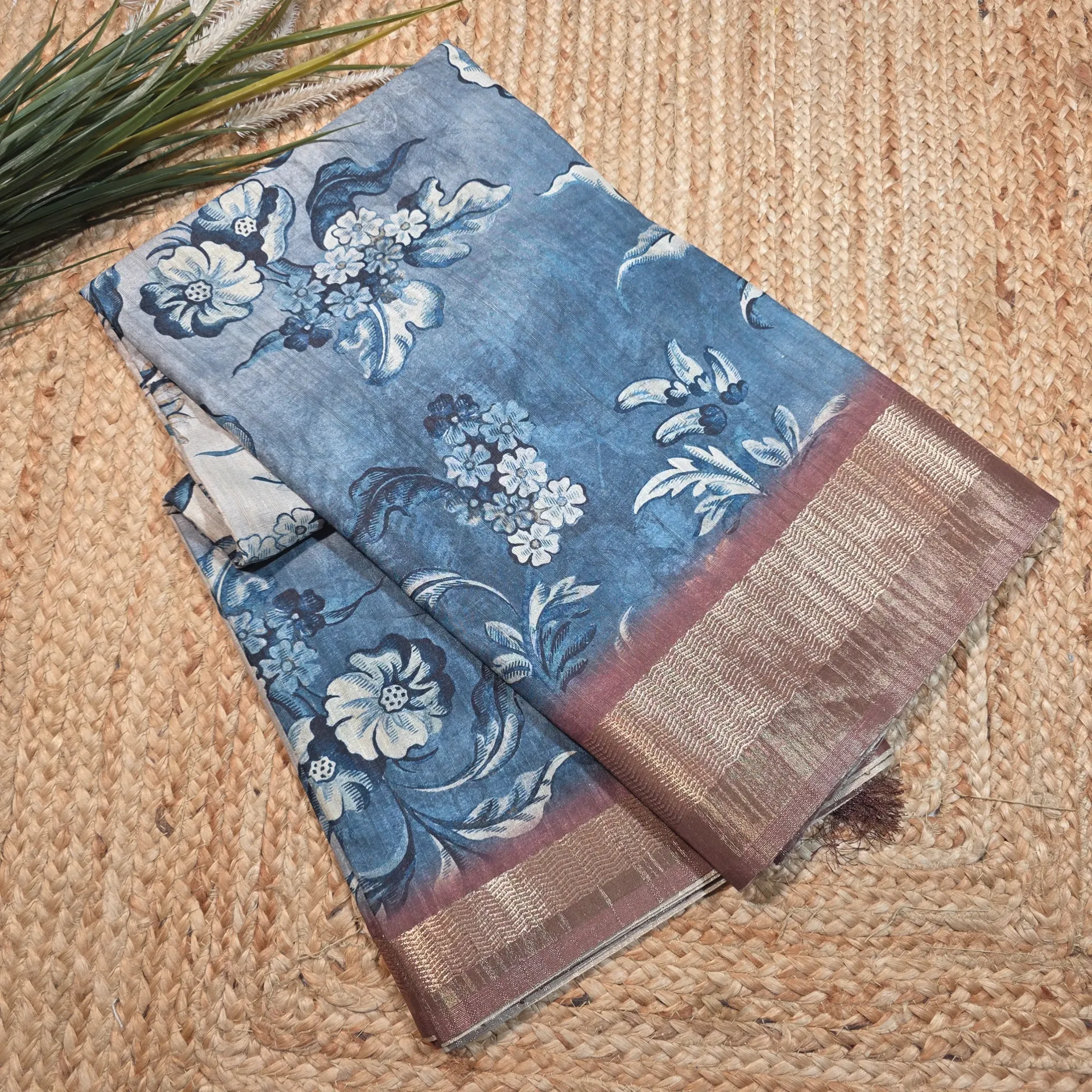 [ST307250153] Blue Floral Semi Tussar Silk Saree