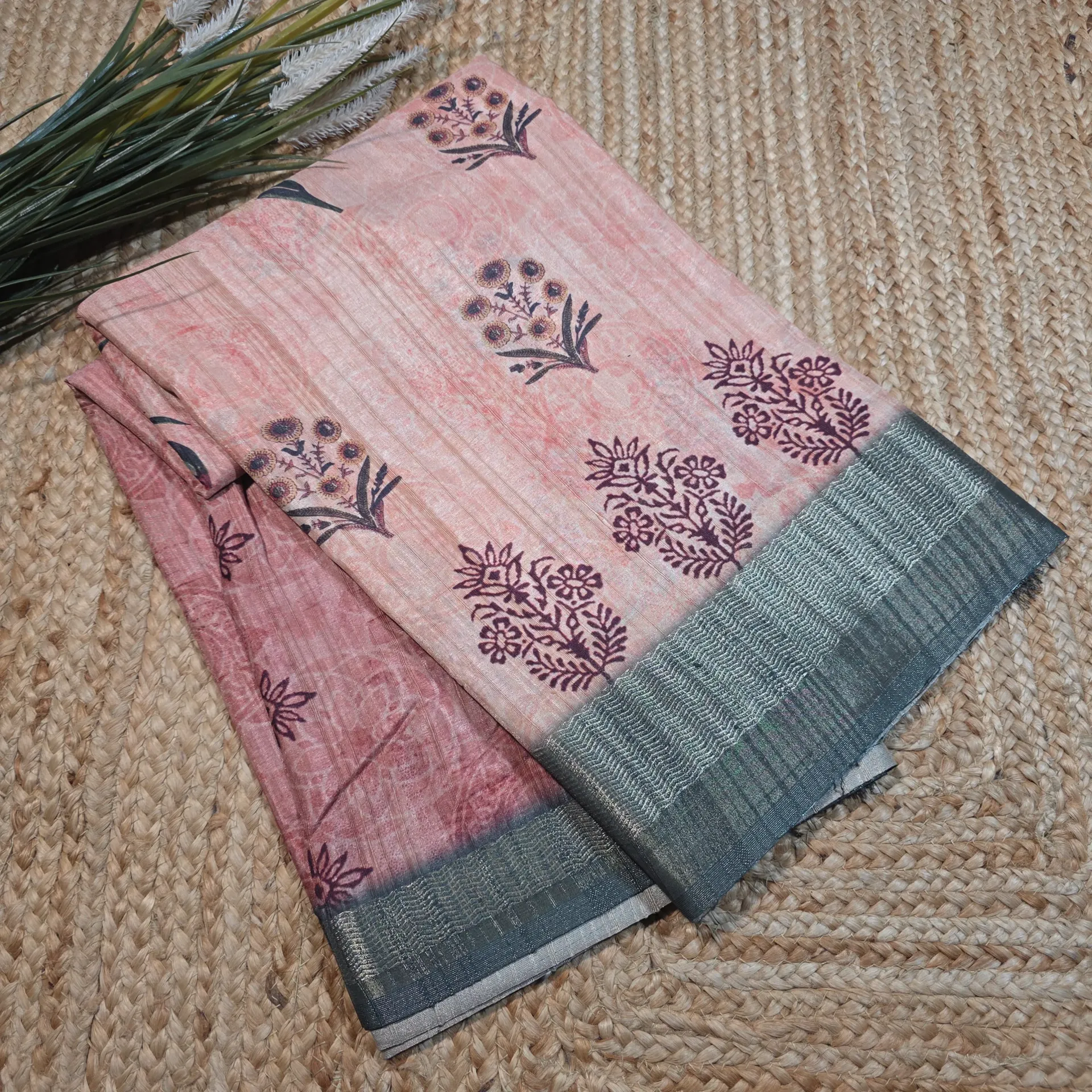 [ST4A07250153] Peach Floral Semi Tussar Silk Saree