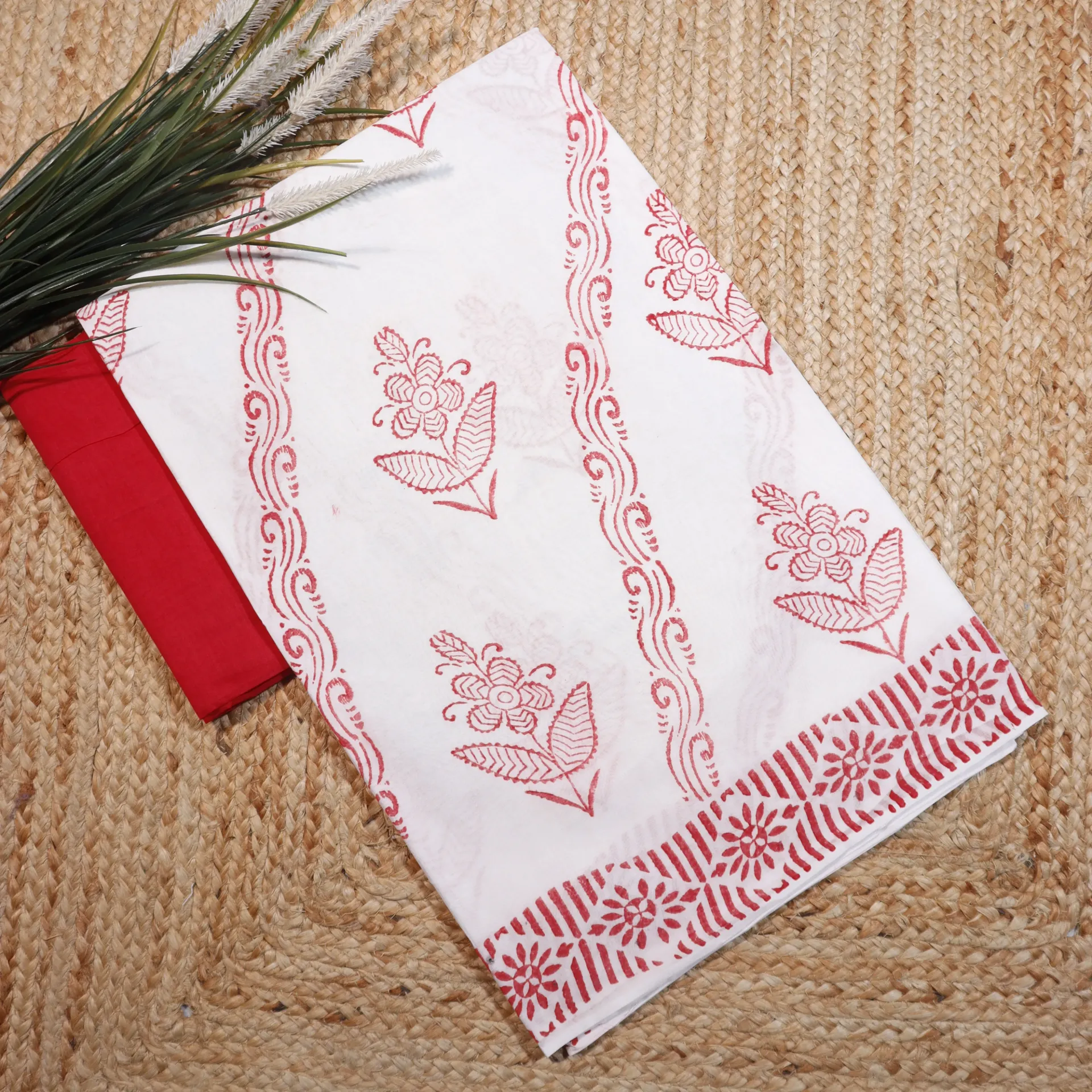 [PALLAVI1] Red & White Pallavi Print Everyday Cotton Saree