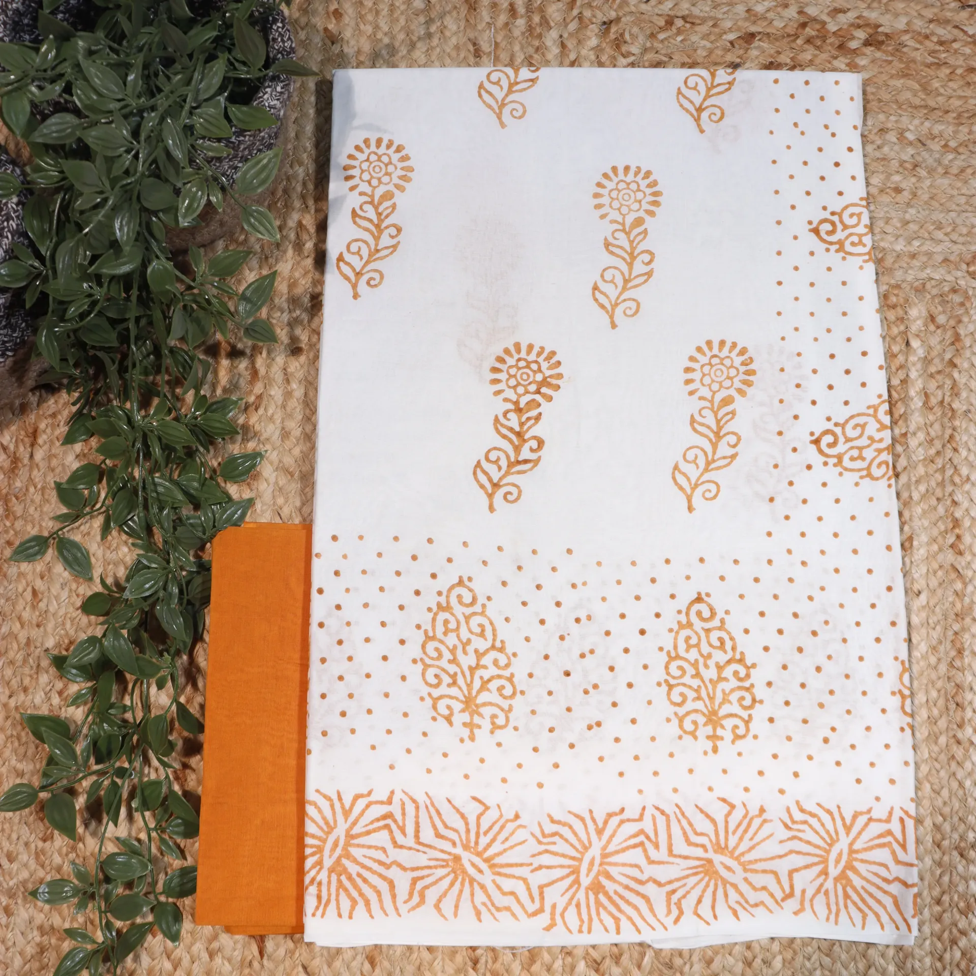 Pure Pallavi Cotton Hand Block Print Saree in White & Mustard with Tribal Motifs