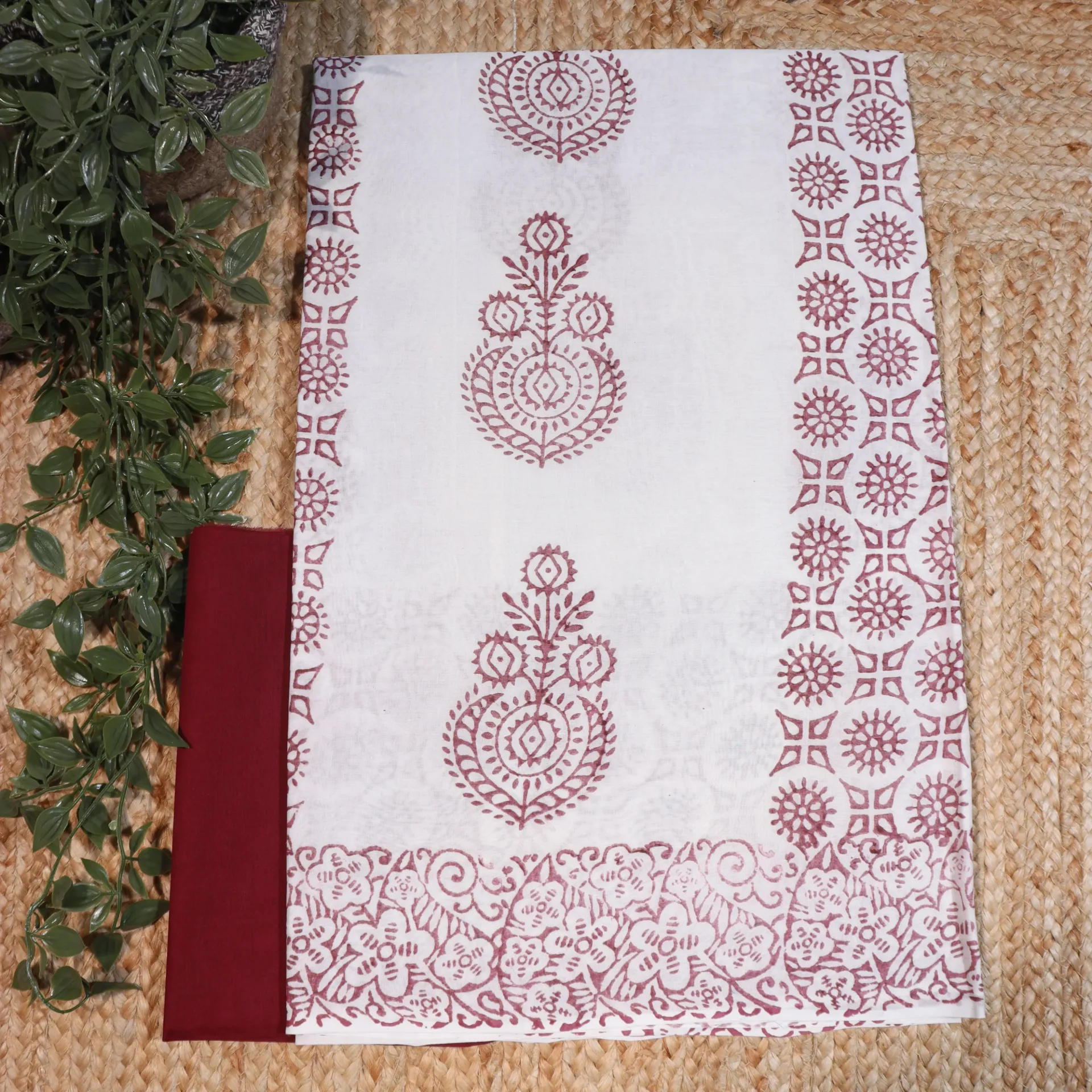 [PALLAVI3] Pure Pallavi Cotton Hand Block Print Saree in White & Maroon with Contrast Blouse