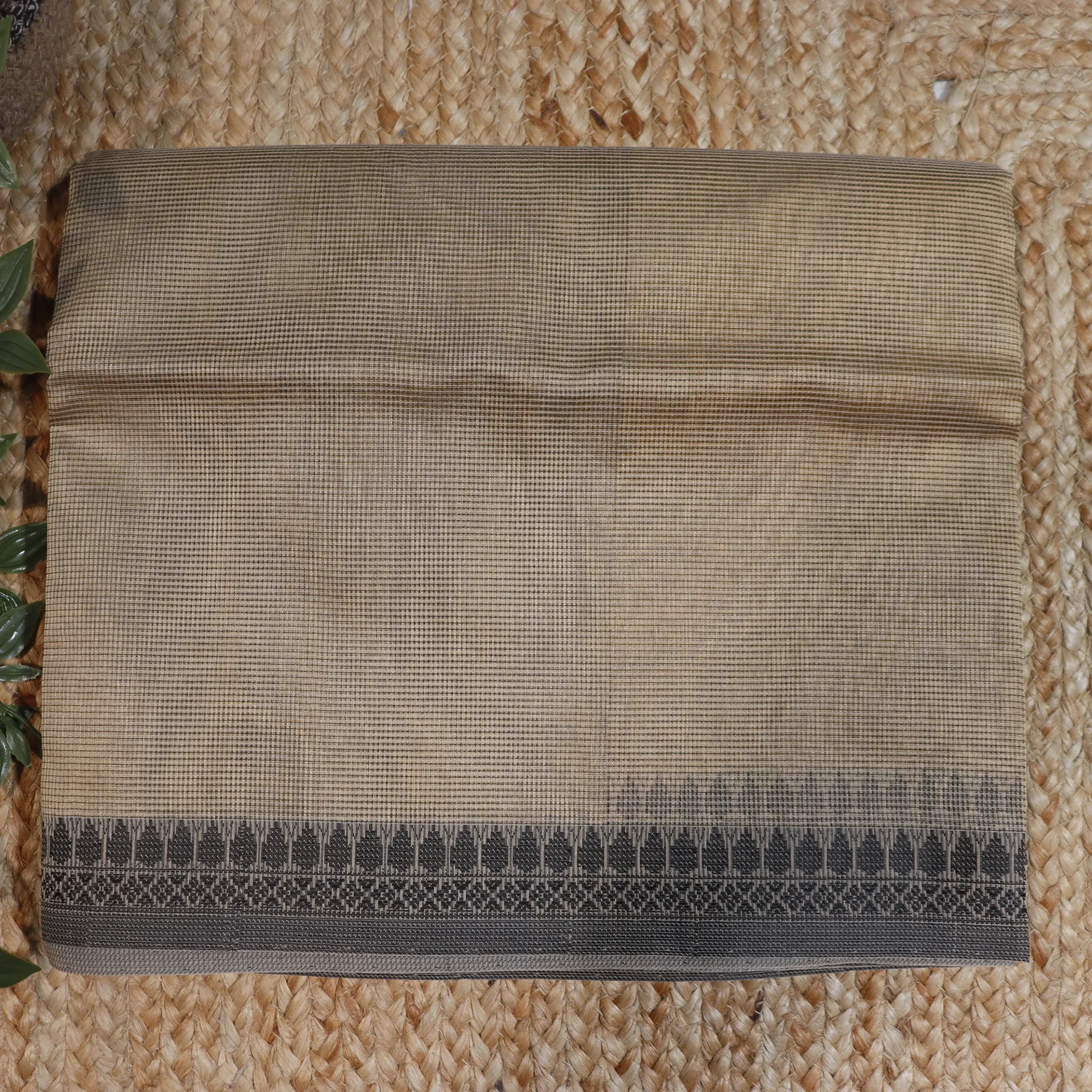 [Plain2] Plain Warm Beige Banarasi Kota Saree with Temple-Style Borders