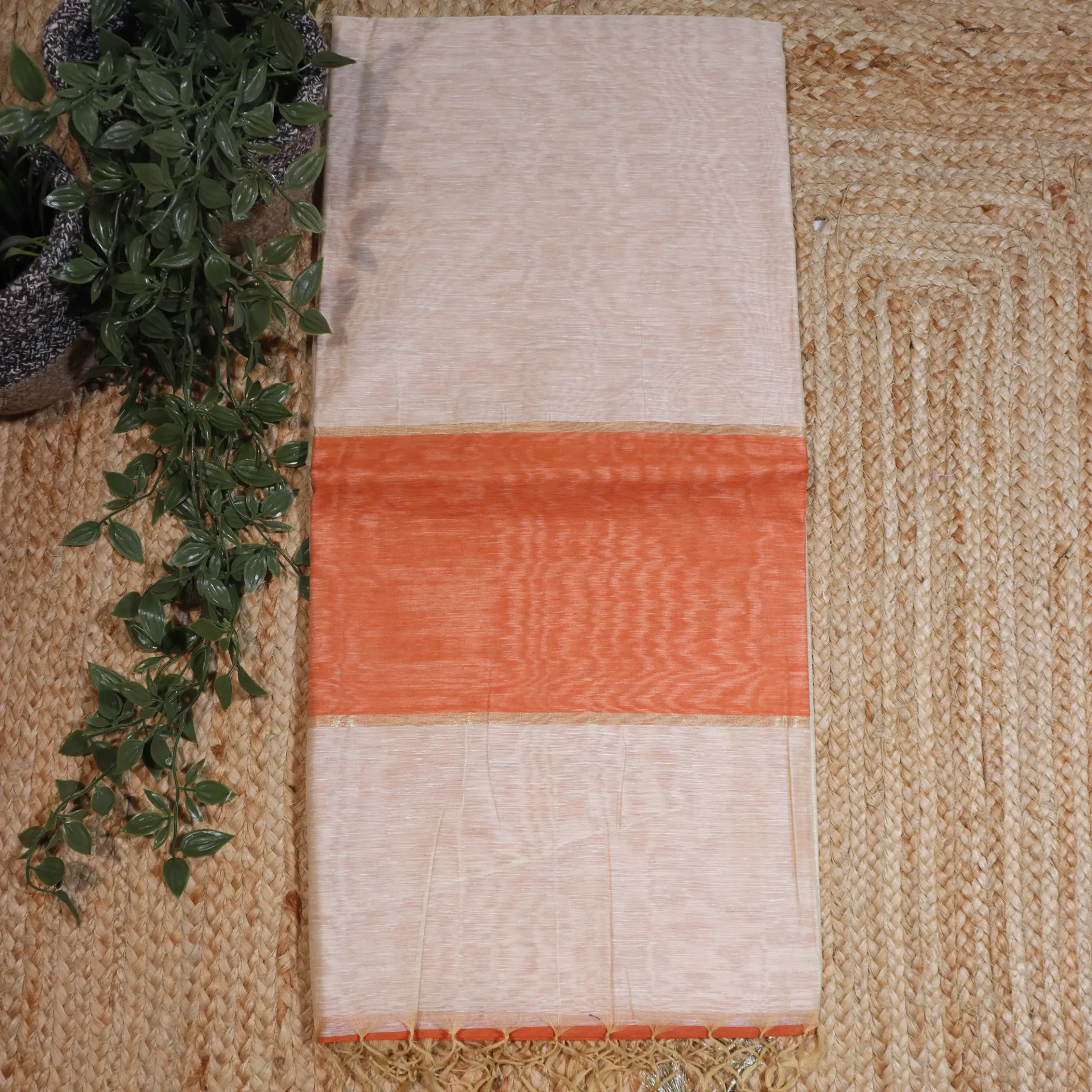 [Plain3] Off-White Banarasi Chanderi Saree with Vibrant Orange Pallu & Orange Blouse