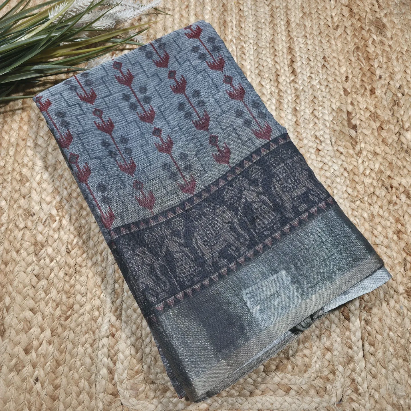 [B12250145] Charcoal Grey Linen Silk Saree with Silver Zari Border With Unstitched Blouse Piece