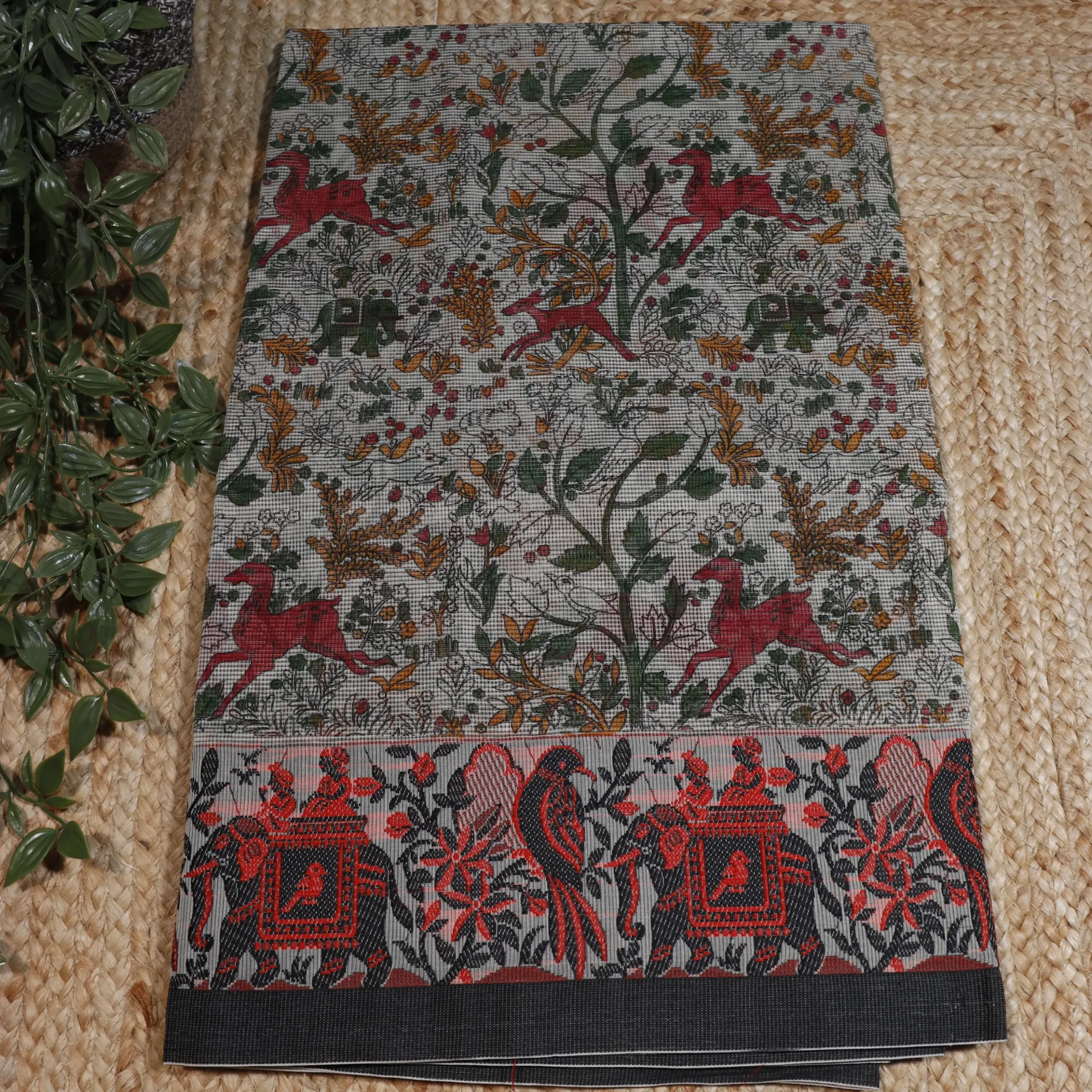 [Animal2] Printed Kota Saree with Kalamkari Pallu & Banarasi Woven Border