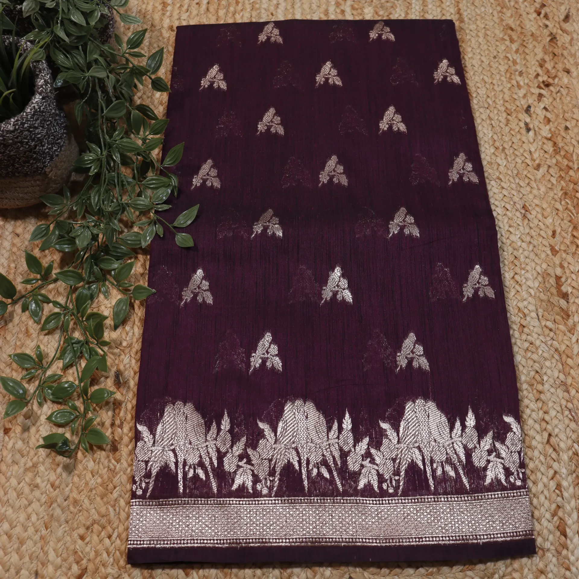 Elegant Deep Wine Semi Tussar Saree with Silver Banarasi Weaving