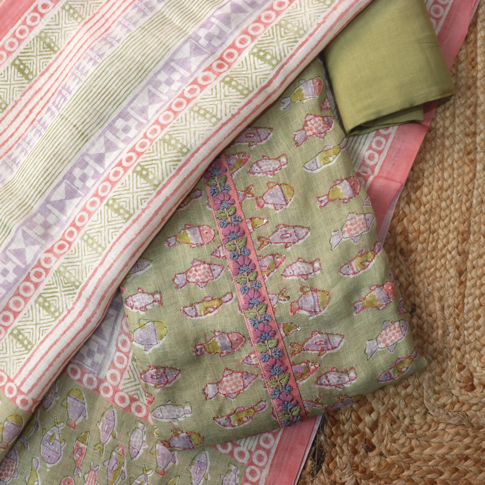 [DM01] Serene Sage & Pink Linen Unstitched 3 Piece Suit Set