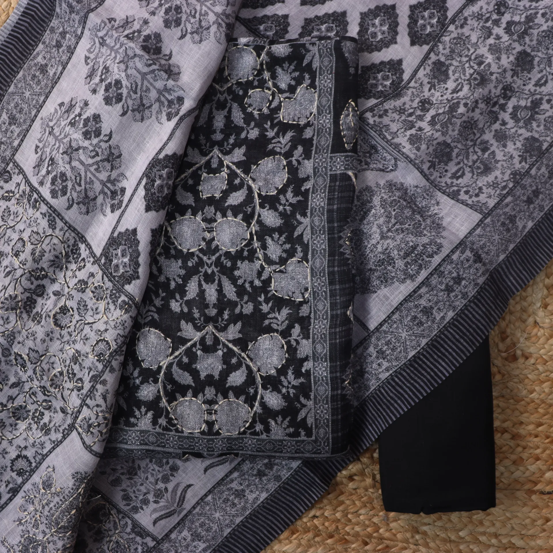 [DM02] Charcoal Elegance: Premium Linen Dress Material with Intricate Embroidery