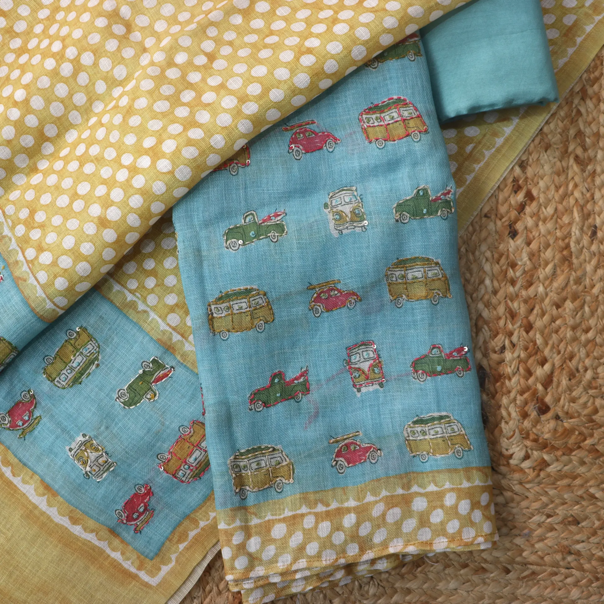 Sky Blue Vintage Car Embroidered Linen Unstitched Suit Set with Contrasting Dupatta