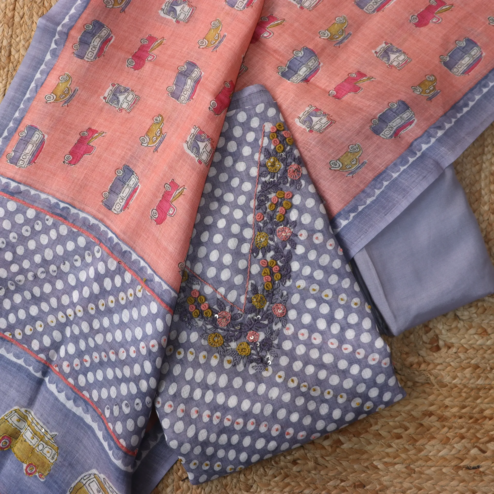 [DM04] Lilac-Grey Polka Dot Linen Dress Material with Floral Embroidery & Quirky Dupatta