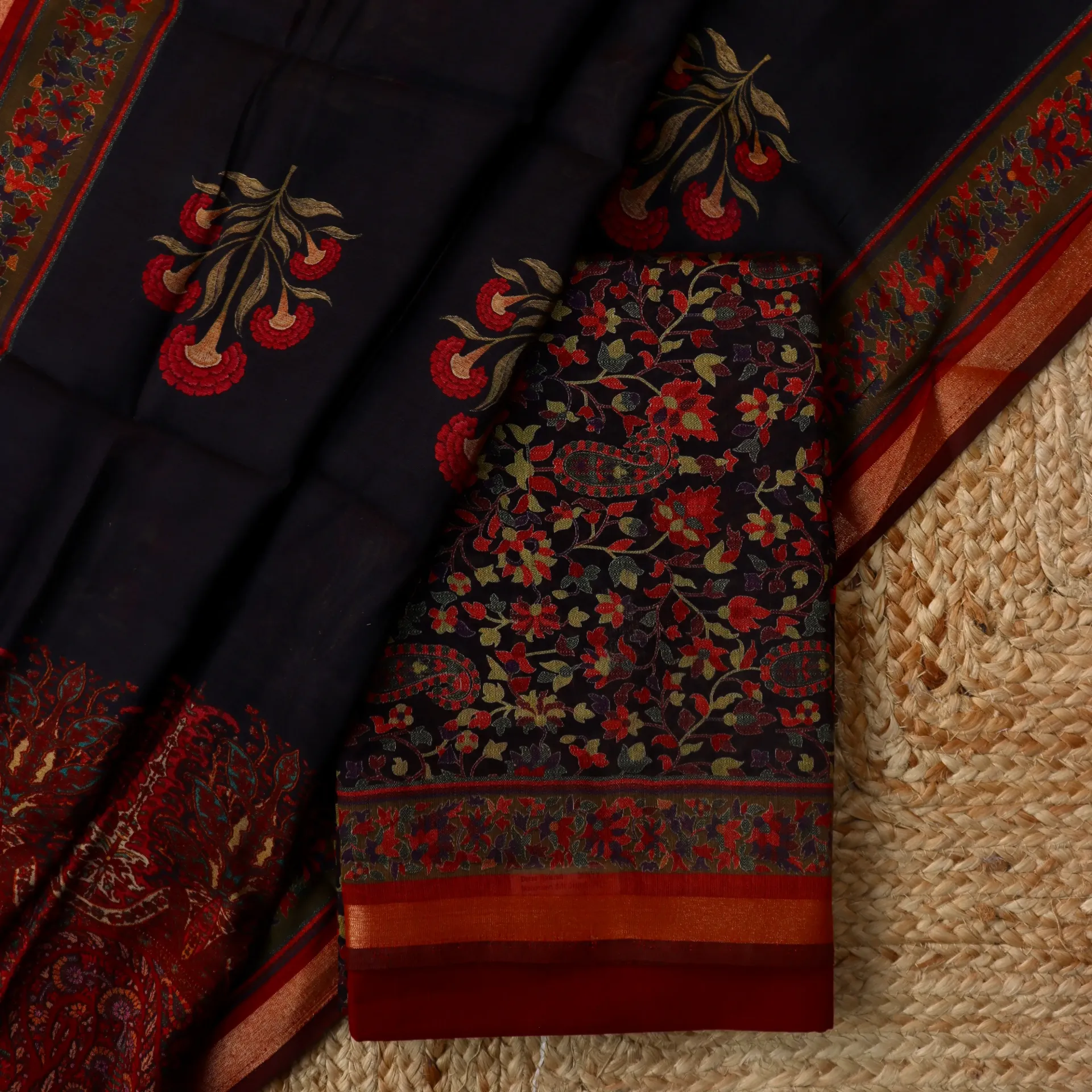 [DM05] Regal Black & Rust Floral Digital Print Maheshwari Silk Unstitched Suit Set