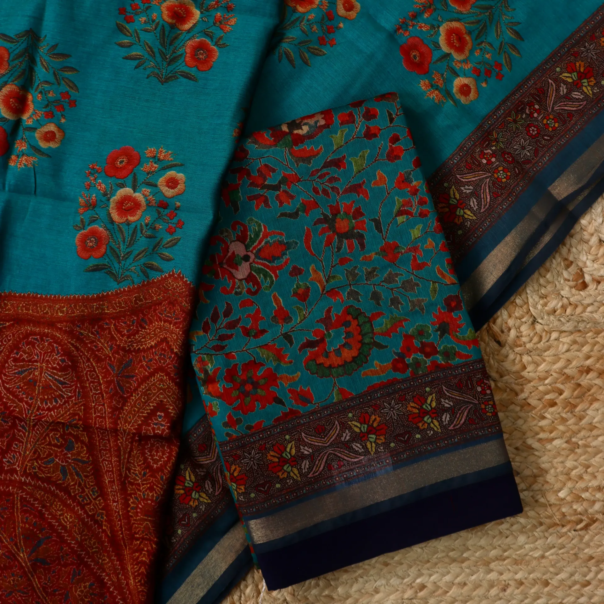 [DM06] Vibrant Teal & Rust Floral Digital Print Maheshwari Silk Unstitched Suit Set