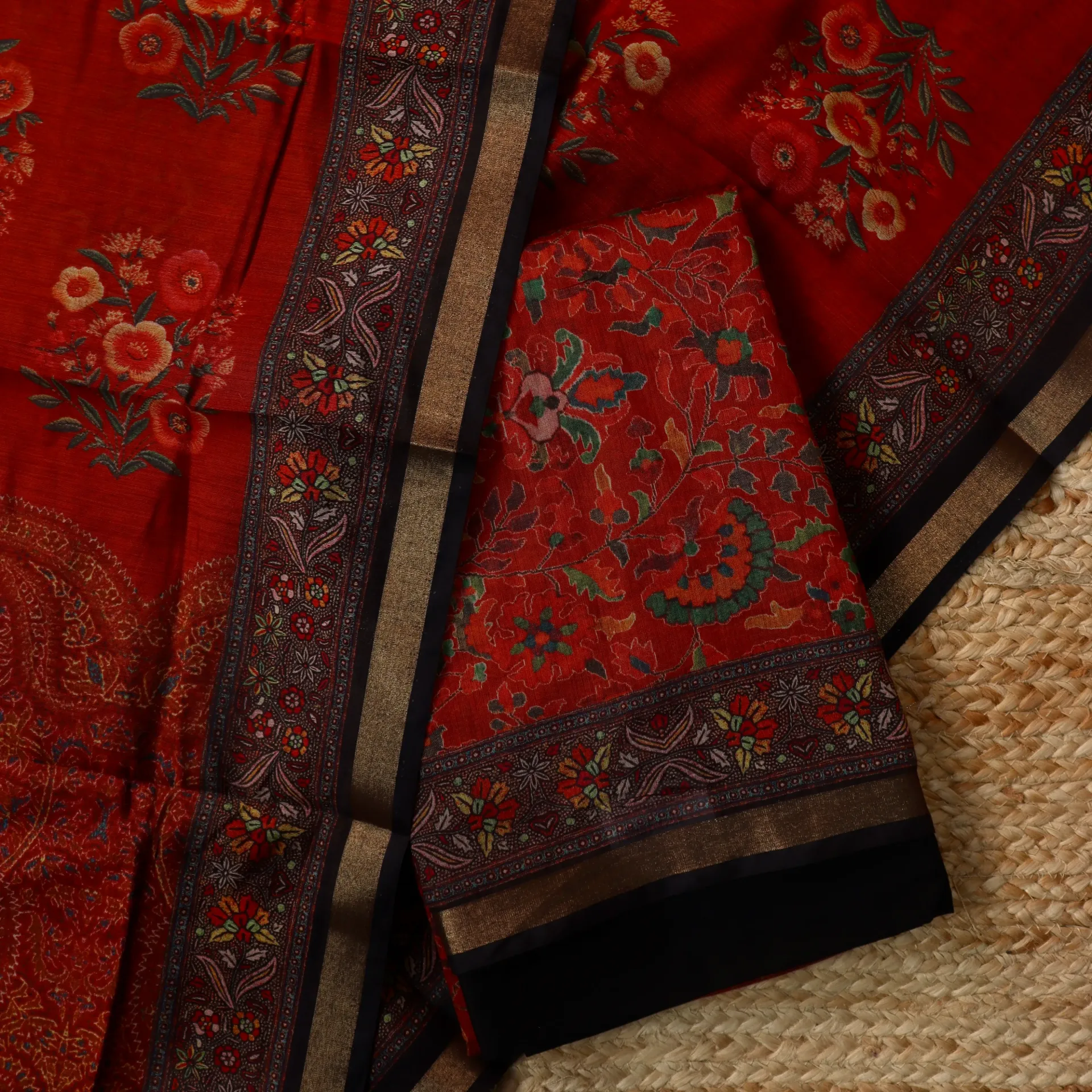 [DM07] Earthy Rust & Charcoal Floral Digital Print Maheshwari Silk Unstitched Suit Set