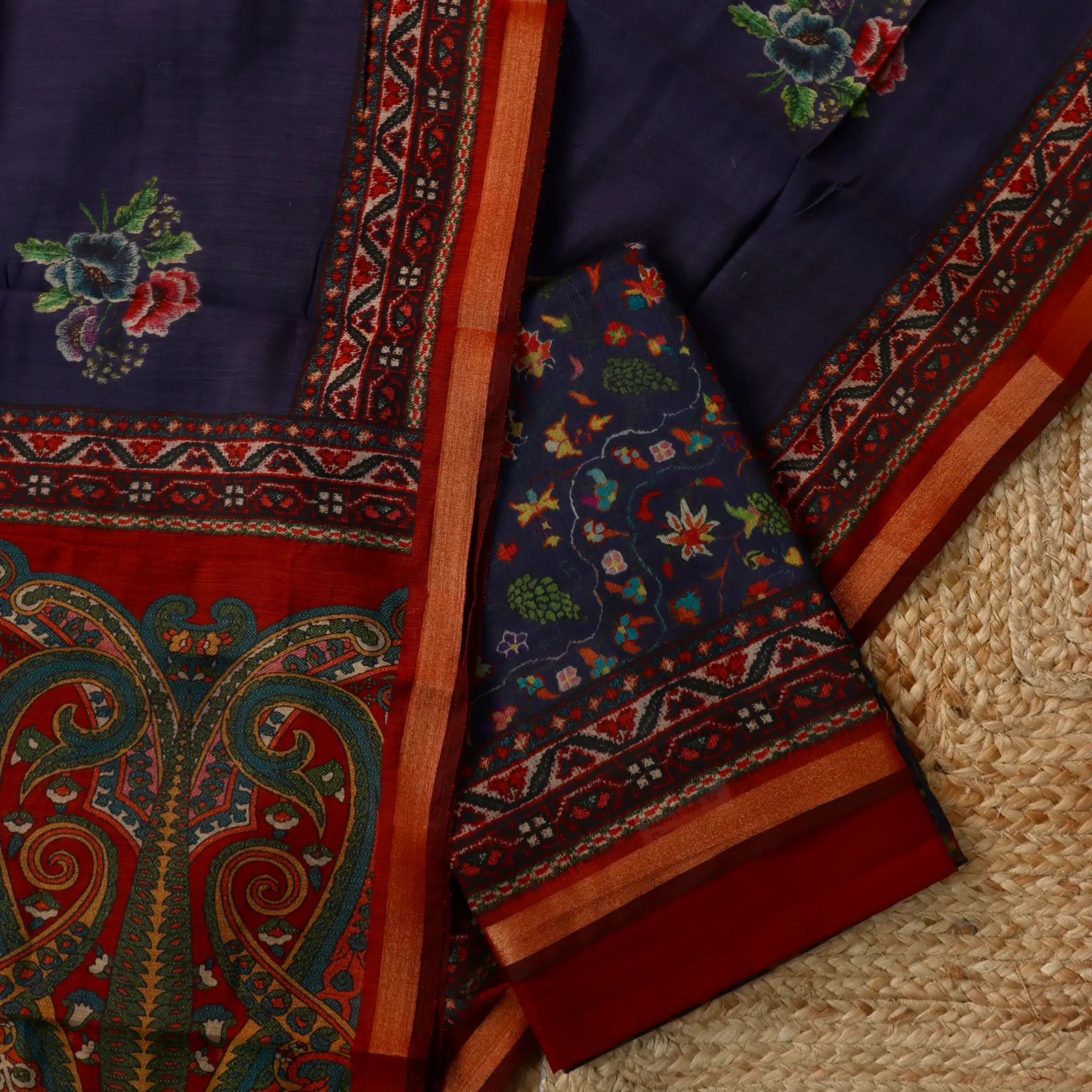 [DM08] Deep Indigo & Rust Paisley Digital Print Maheshwari Silk Unstitched Suit Set
