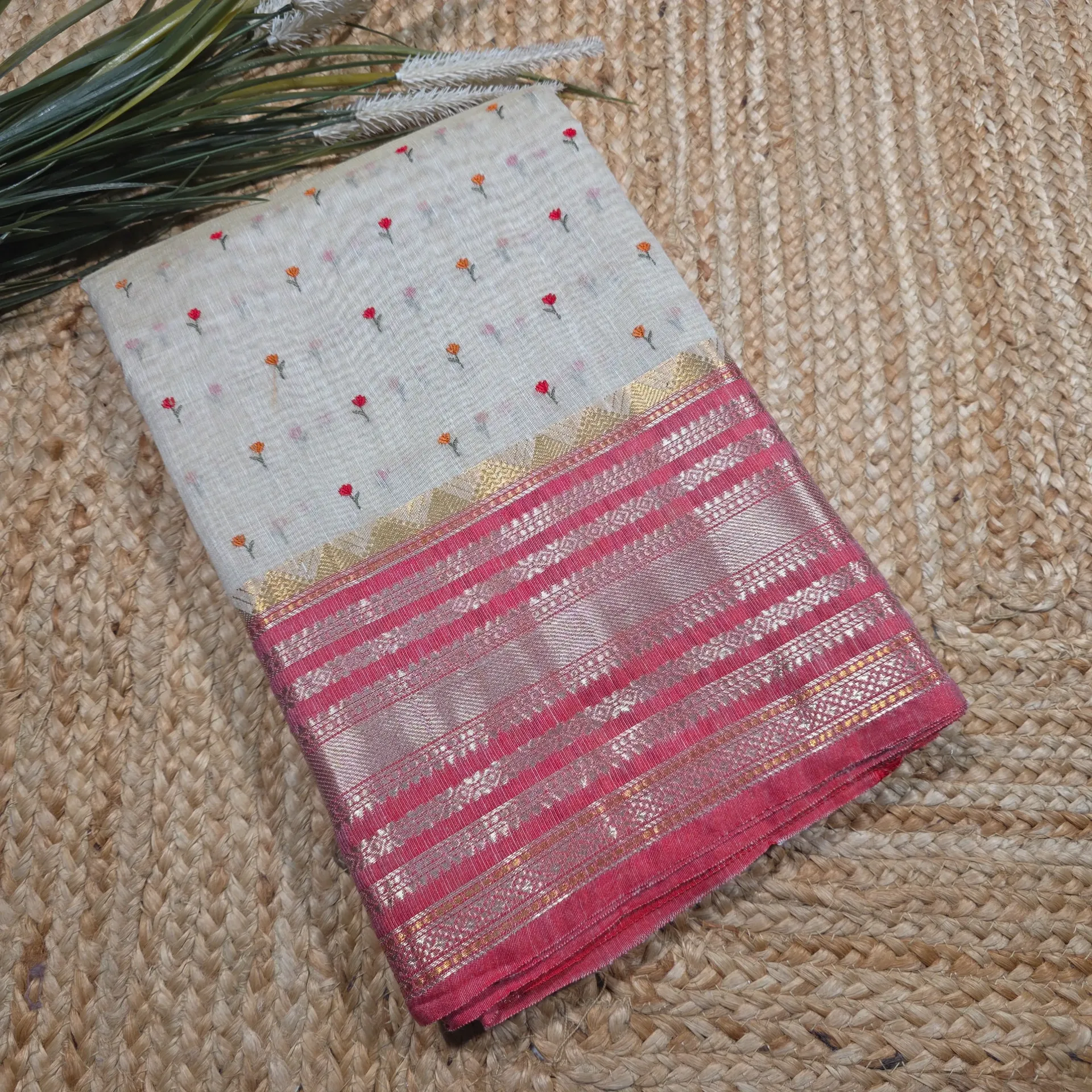 Cream Chanderi Saree with Red Banarasi Border and Delicate Floral Embroidery