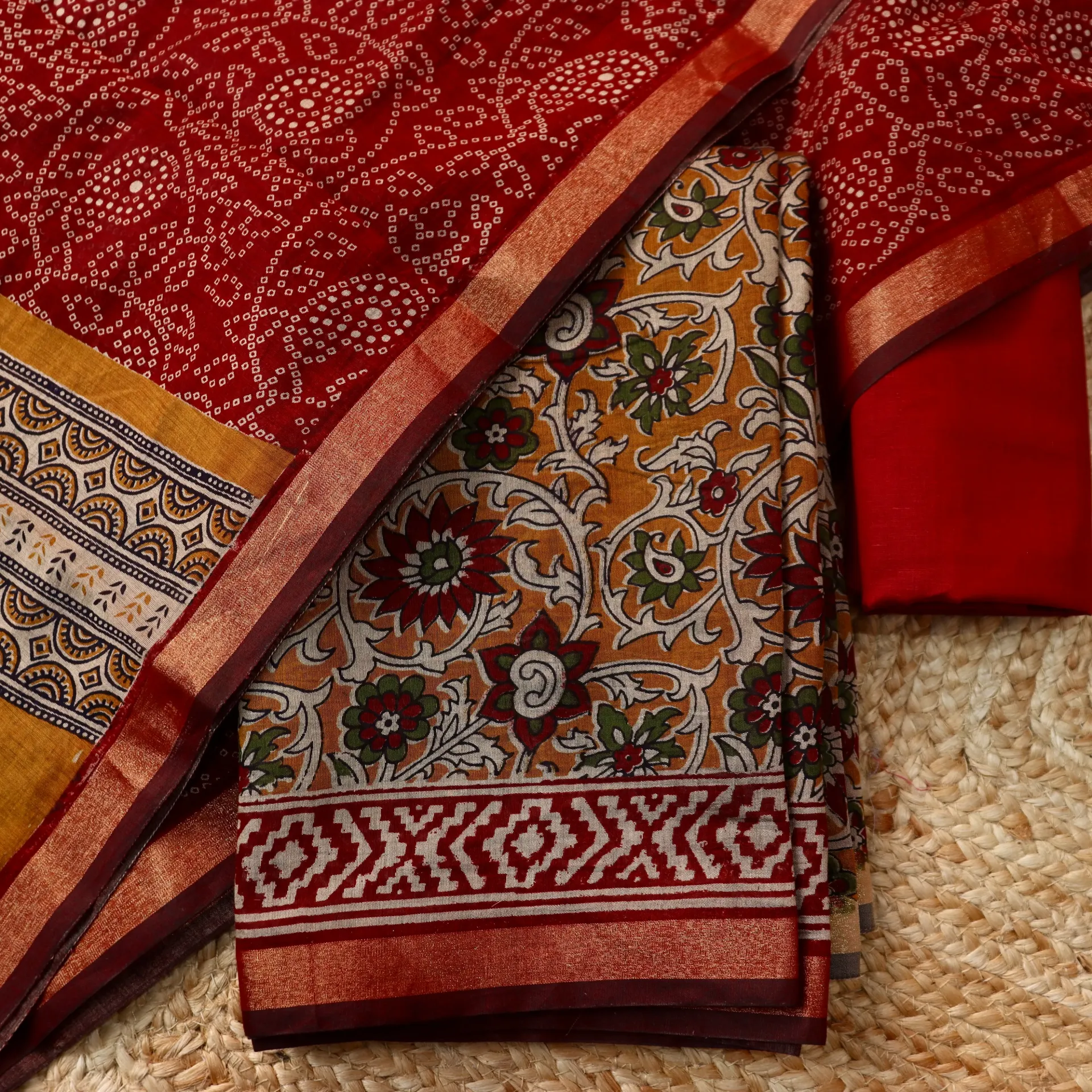 [DM010] Exquisite Maheshwari Silk 3-Piece Suit Set: A Fusion of Kalamkari & Bandhani