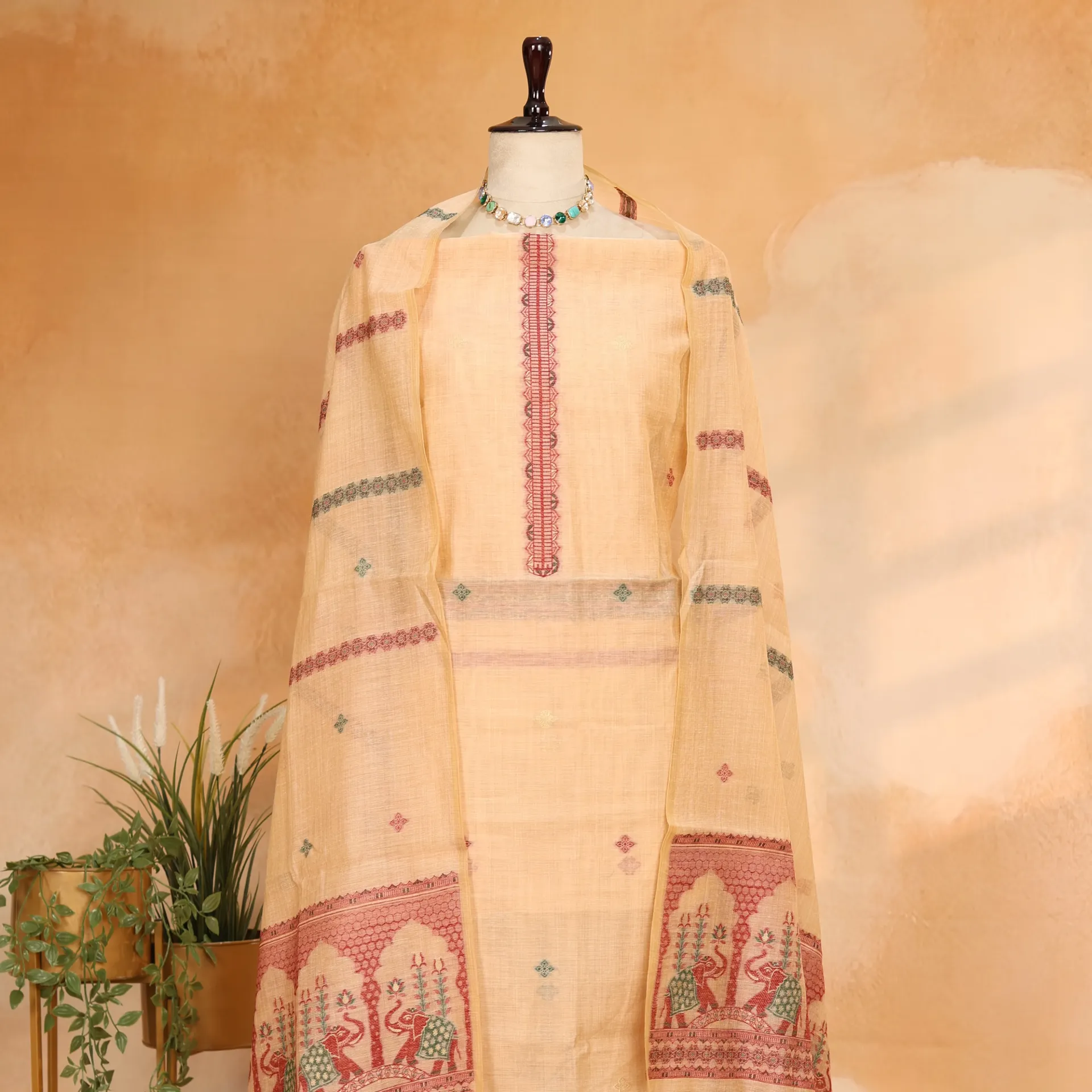 [R-9792 A] Blush Mul Chanderi Jamdani 2-Piece Suit Set with Elephant Motifs
