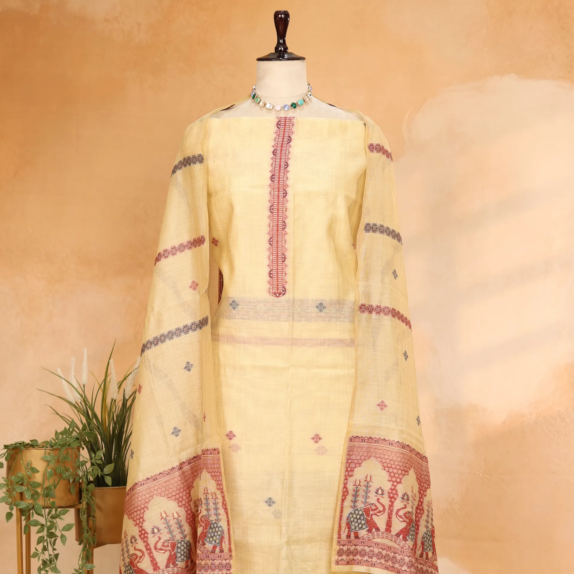 [R-9792 B] Cream Mul Chanderi Jamdani 2-Piece Suit Set with Elephant Motifs
