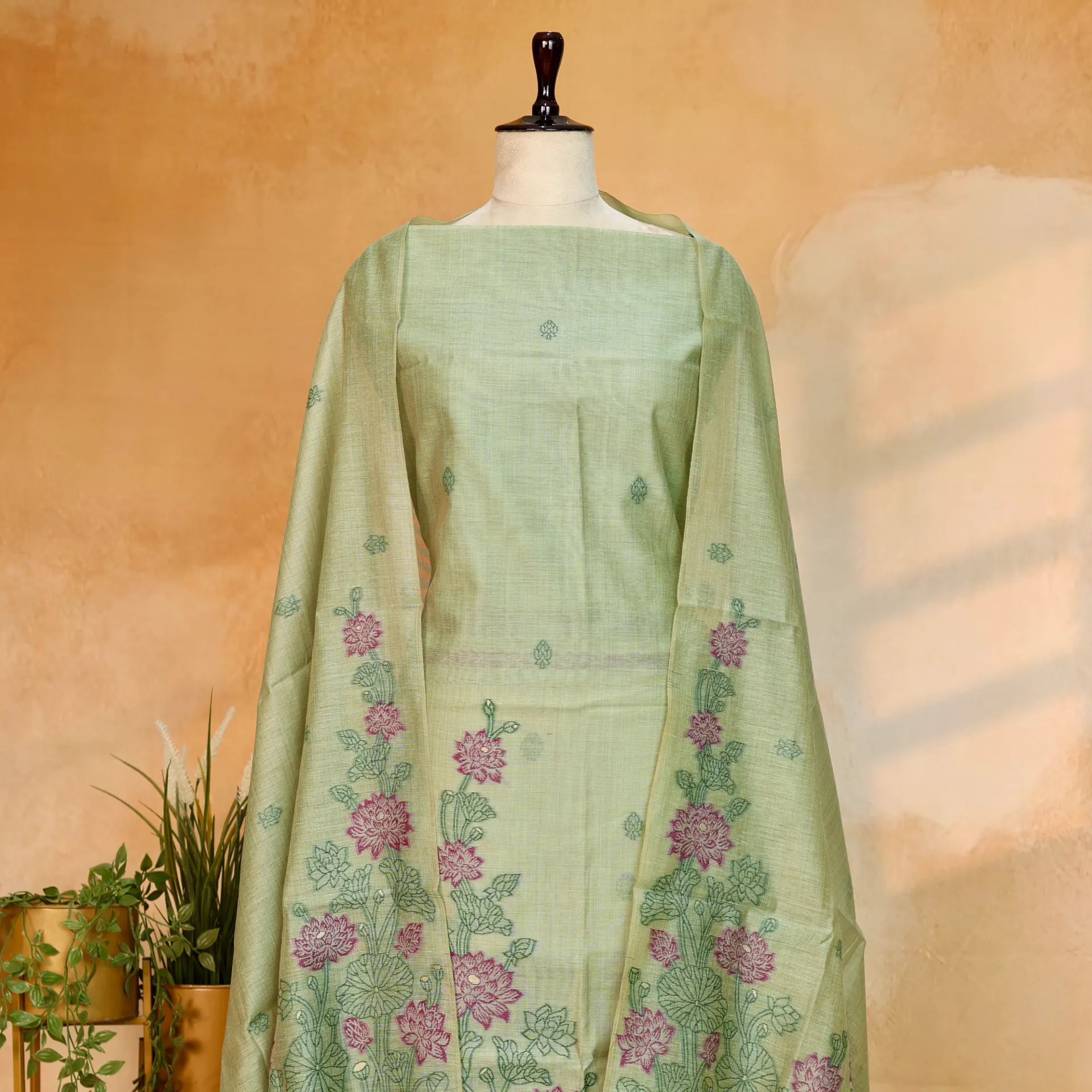 Sage Green Mul Chanderi Jamdani 2-Piece Suit Set with Lotus Motifs