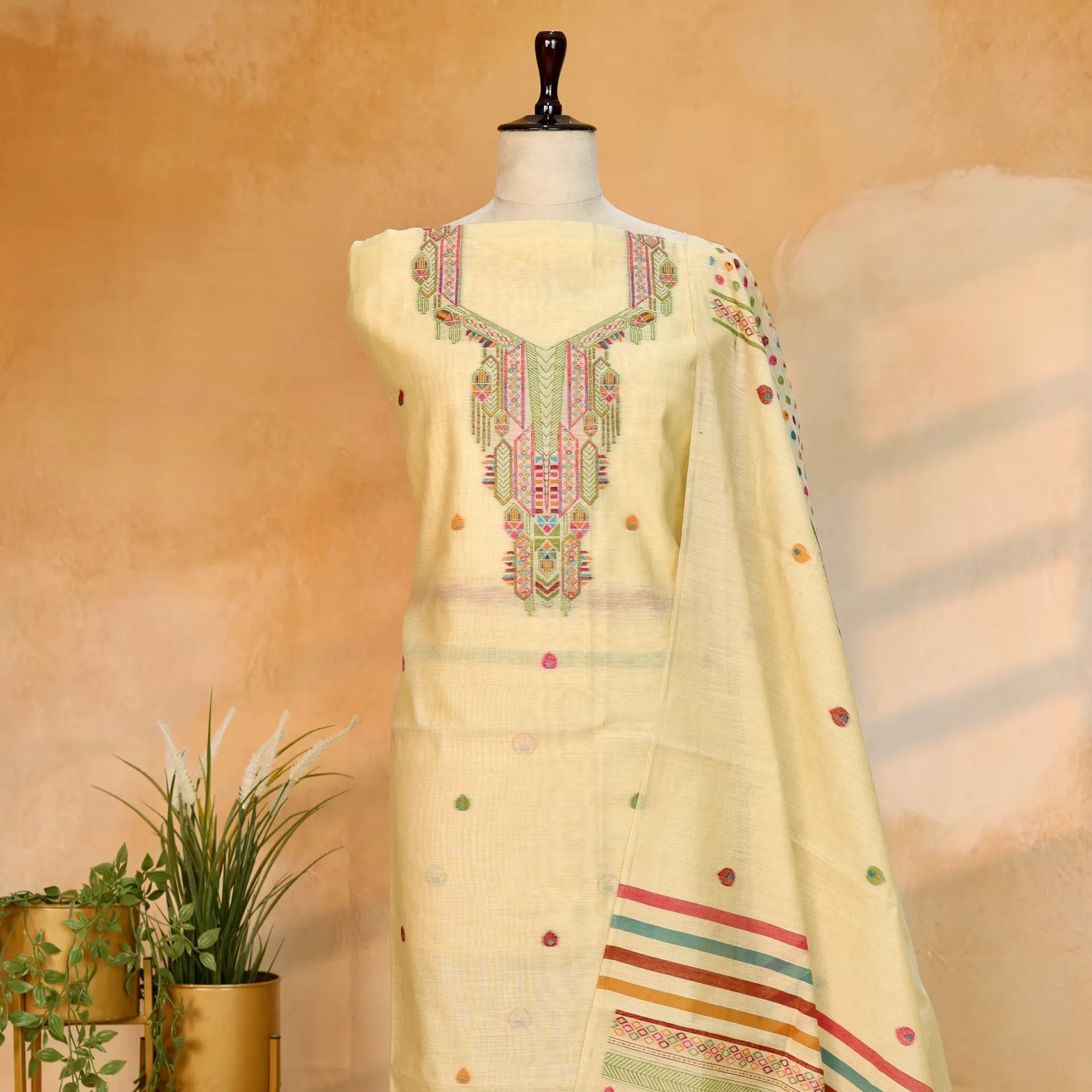 Cream Mul Chanderi Jamdani 2-Piece Suit Set with Vibrant Geometric Motifs