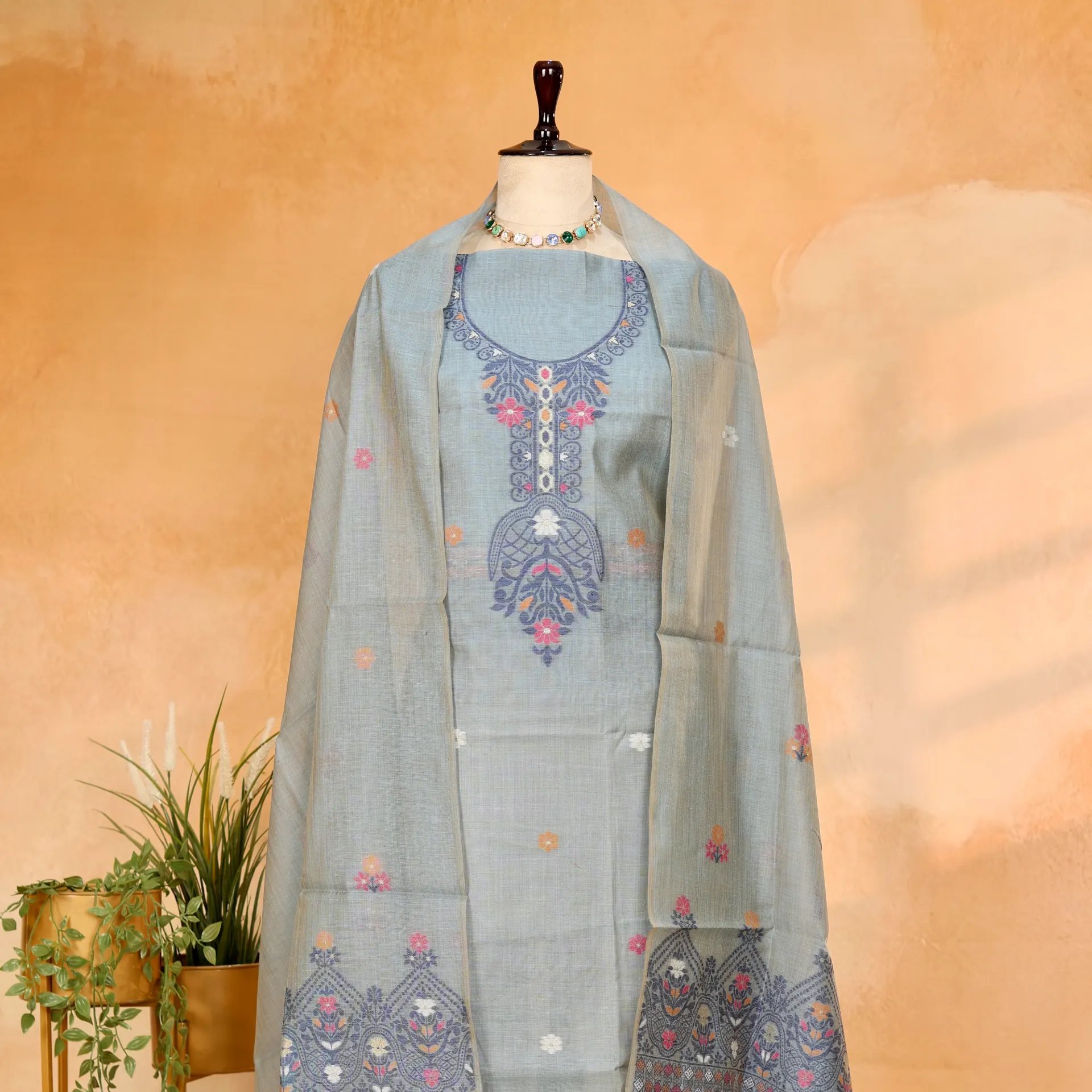 [R-8982 B] Slate Blue Mul Chanderi Jamdani 2-Piece Suit Set with Statement Neckline
