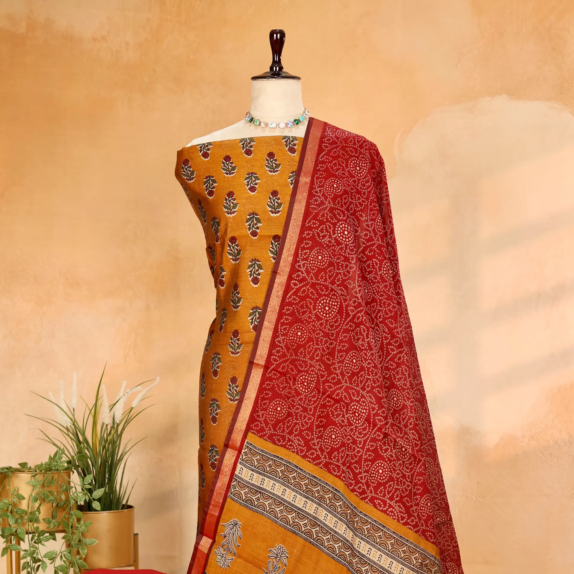 Exquisite Maheshwari Silk 3-Piece Suit Set: A Fusion of Kalamkari & Bandhani