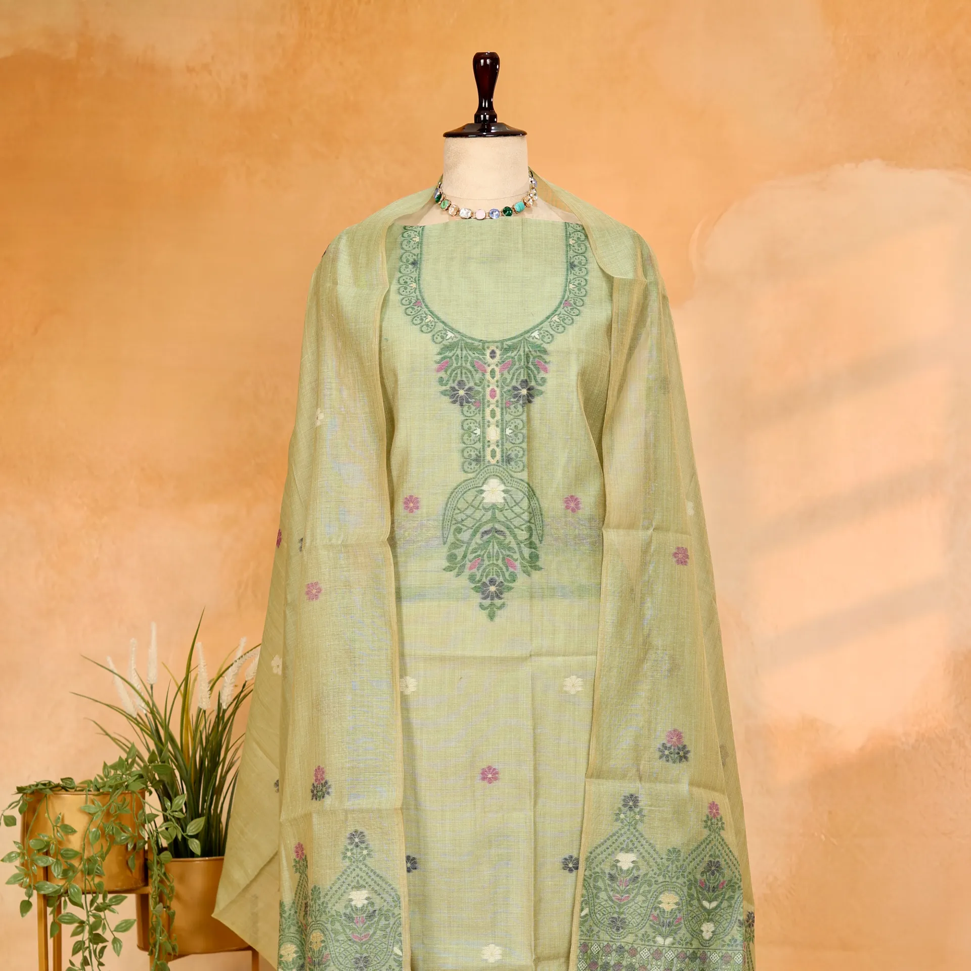 [R-8982 G] Woven Pistachio Green Mul Chanderi Jamdani 2-Piece Suit Set with Woven Yoke