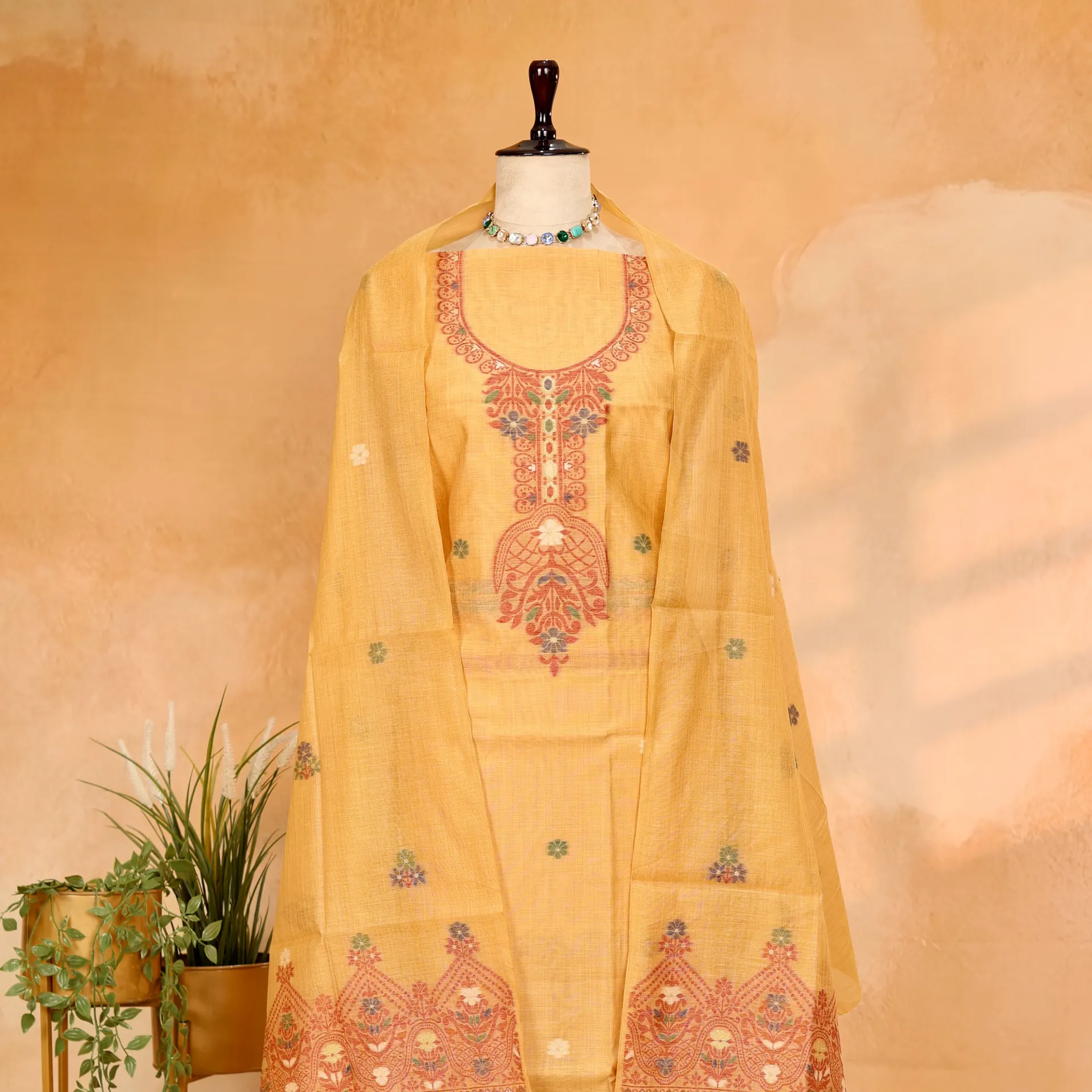 [R-8982 Y] Woven Mustard Yellow Mul Chanderi Jamdani 2-Piece Suit Set with Floral Yoke