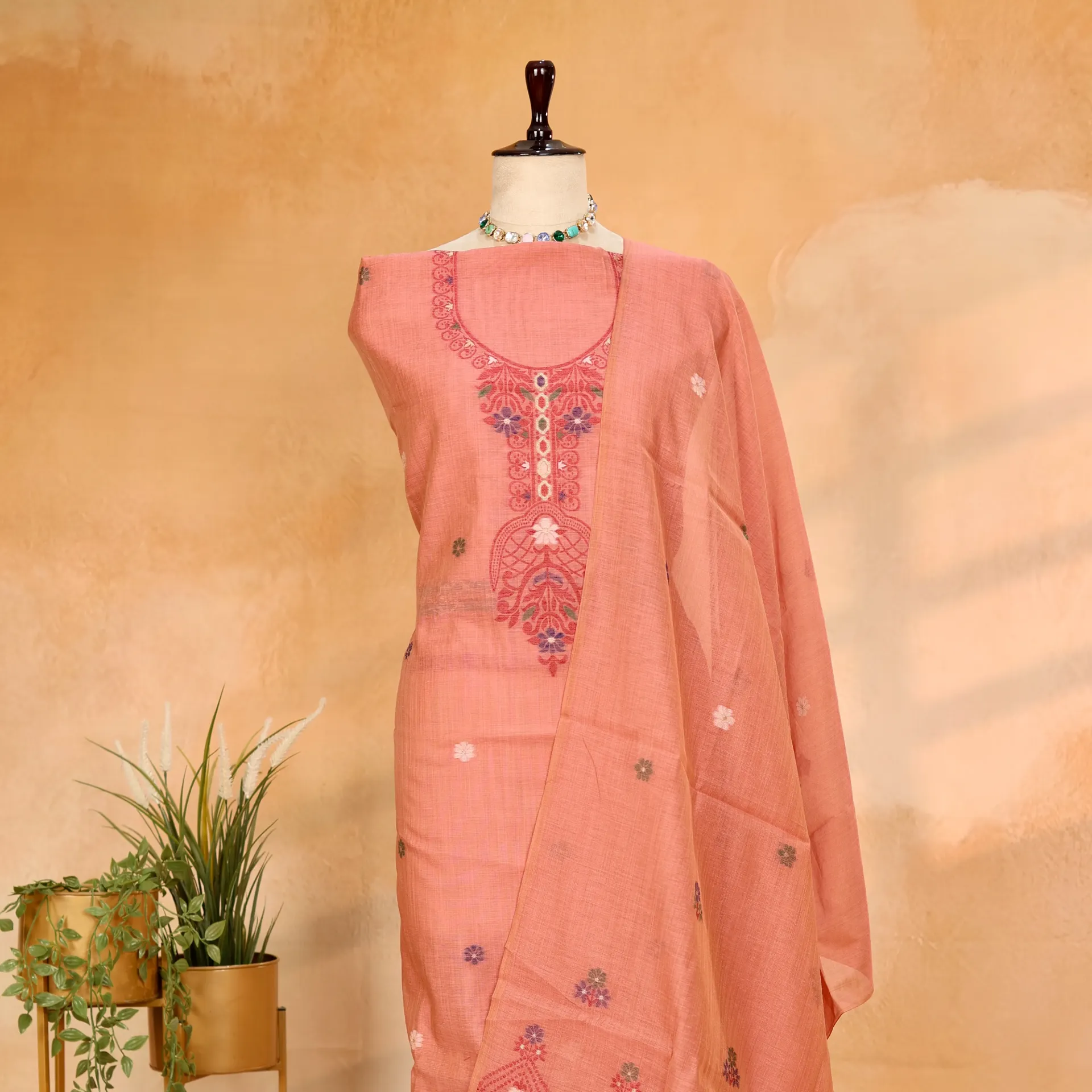 Woven Peach Mul Chanderi Jamdani 2-Piece Suit Set with Floral Woven Yoke