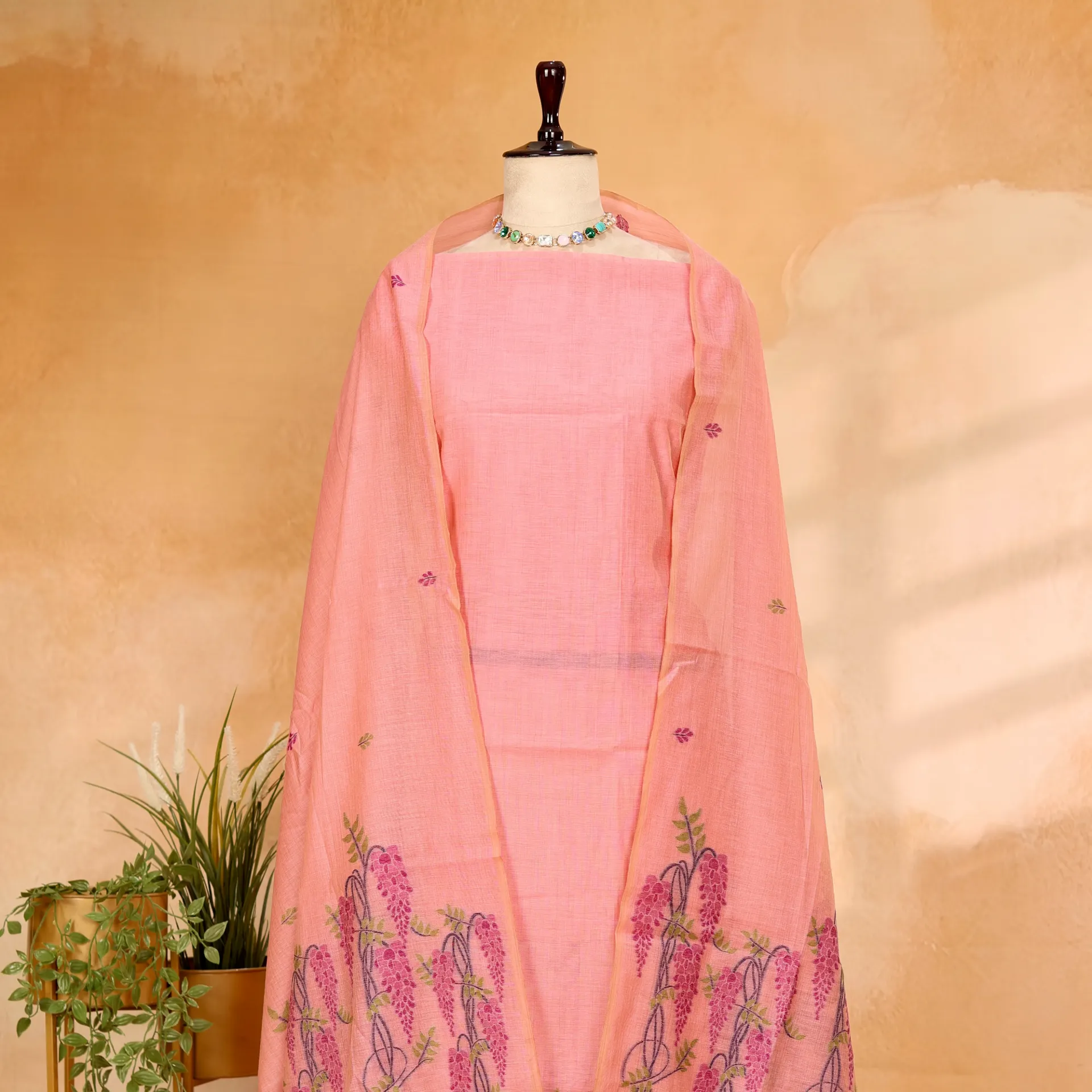 [R-9446 P] Woven Rose Pink Mul Chanderi Jamdani 2-Piece Suit Set with Cascading Floral Borders