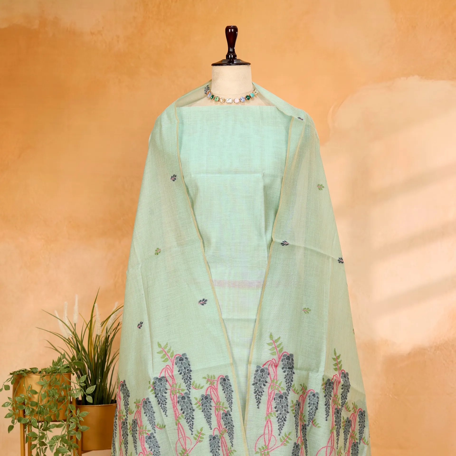 [R-9446 B] Woven Seafoam Mint Mul Chanderi Jamdani 2-Piece Suit Set with Cascading Florals