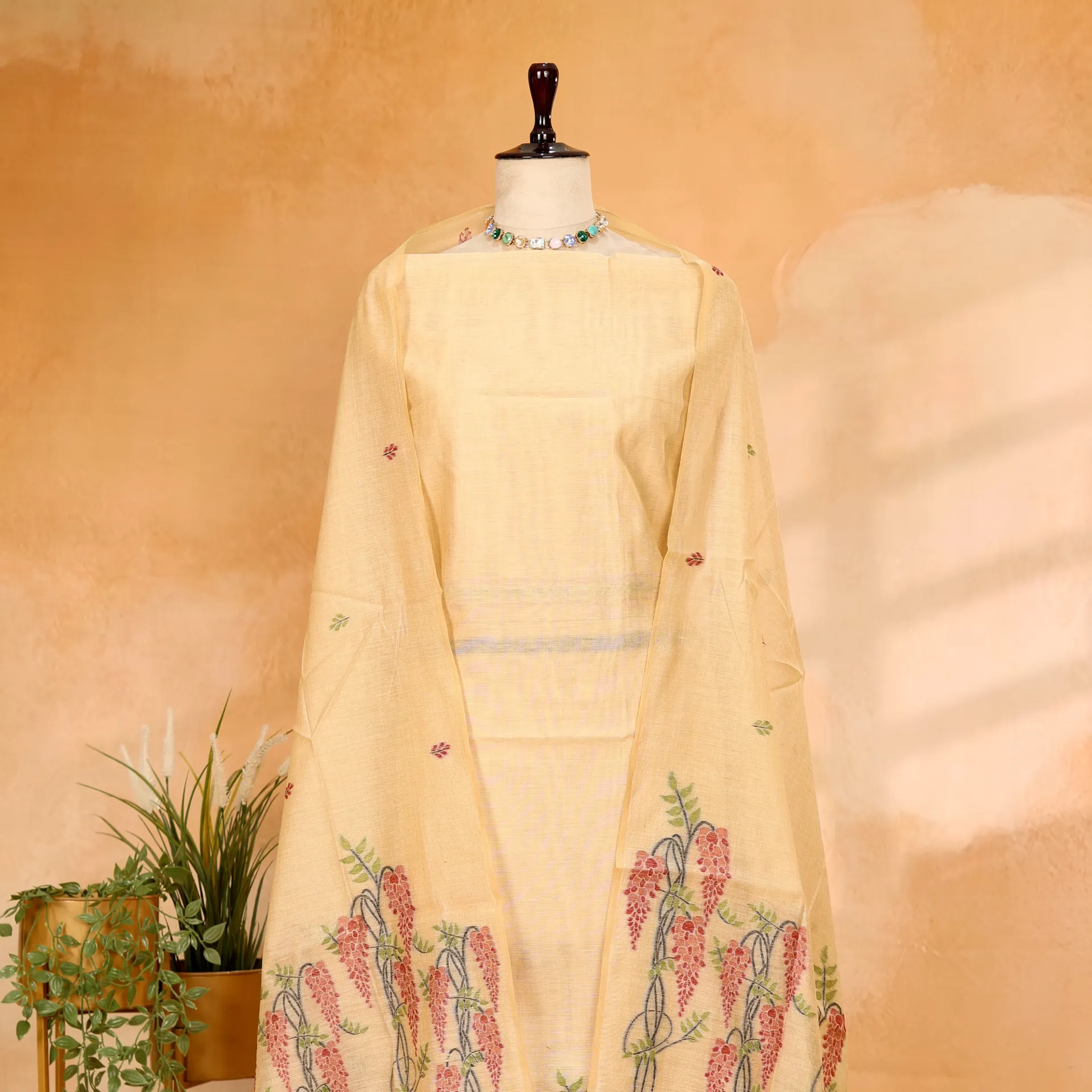 [R-9446 C] Woven Cream Mul Chanderi Jamdani 2-Piece Suit Set with Cascading Florals