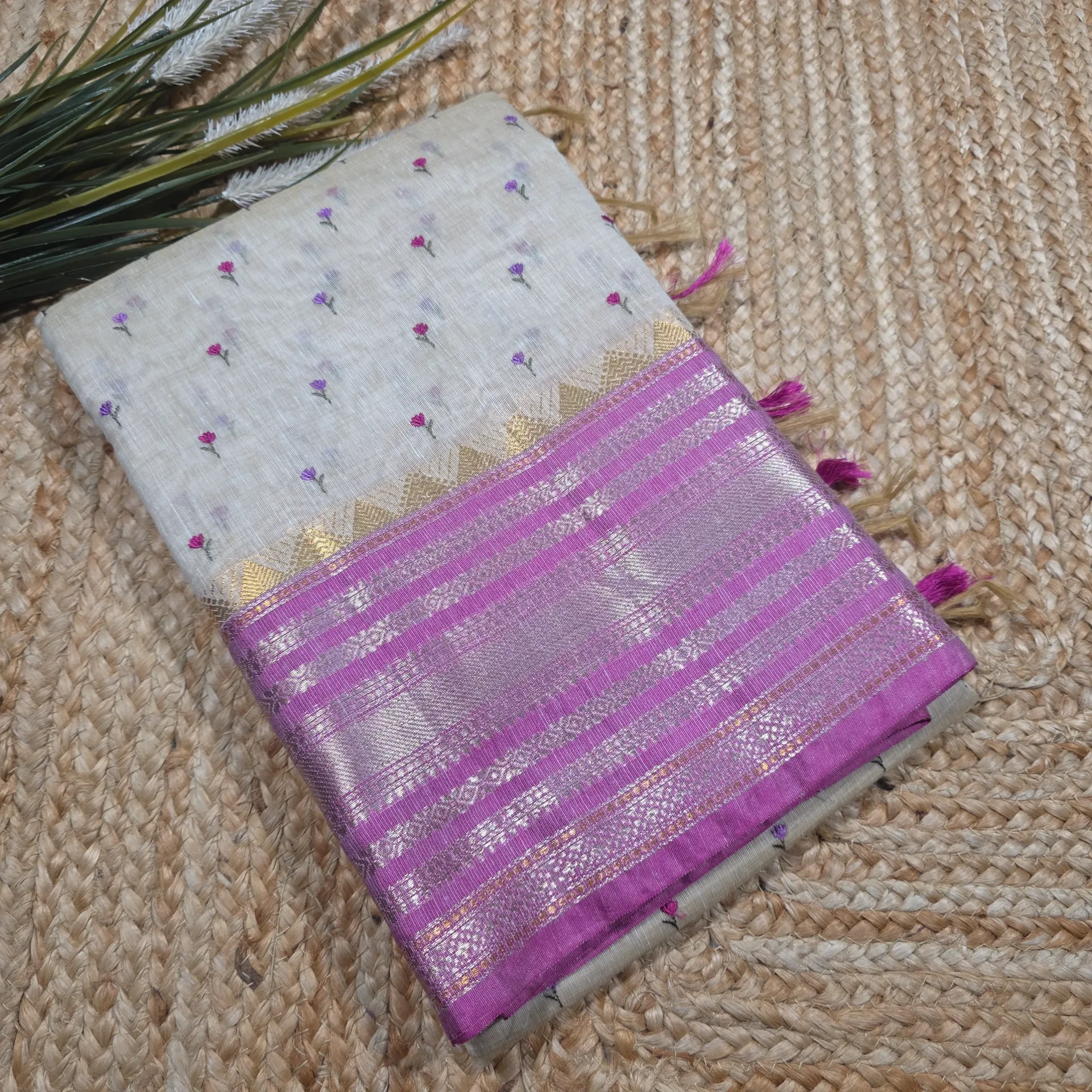 Cream Chanderi Saree with Purple Banarasi Border and Delicate Floral Embroidery