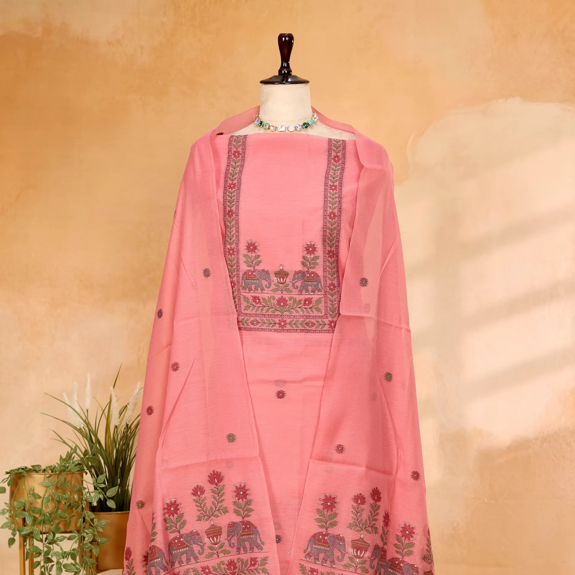 Woven Coral Pink Mul Chanderi Jamdani 2-Piece Suit Set with Royal Elephant Motif