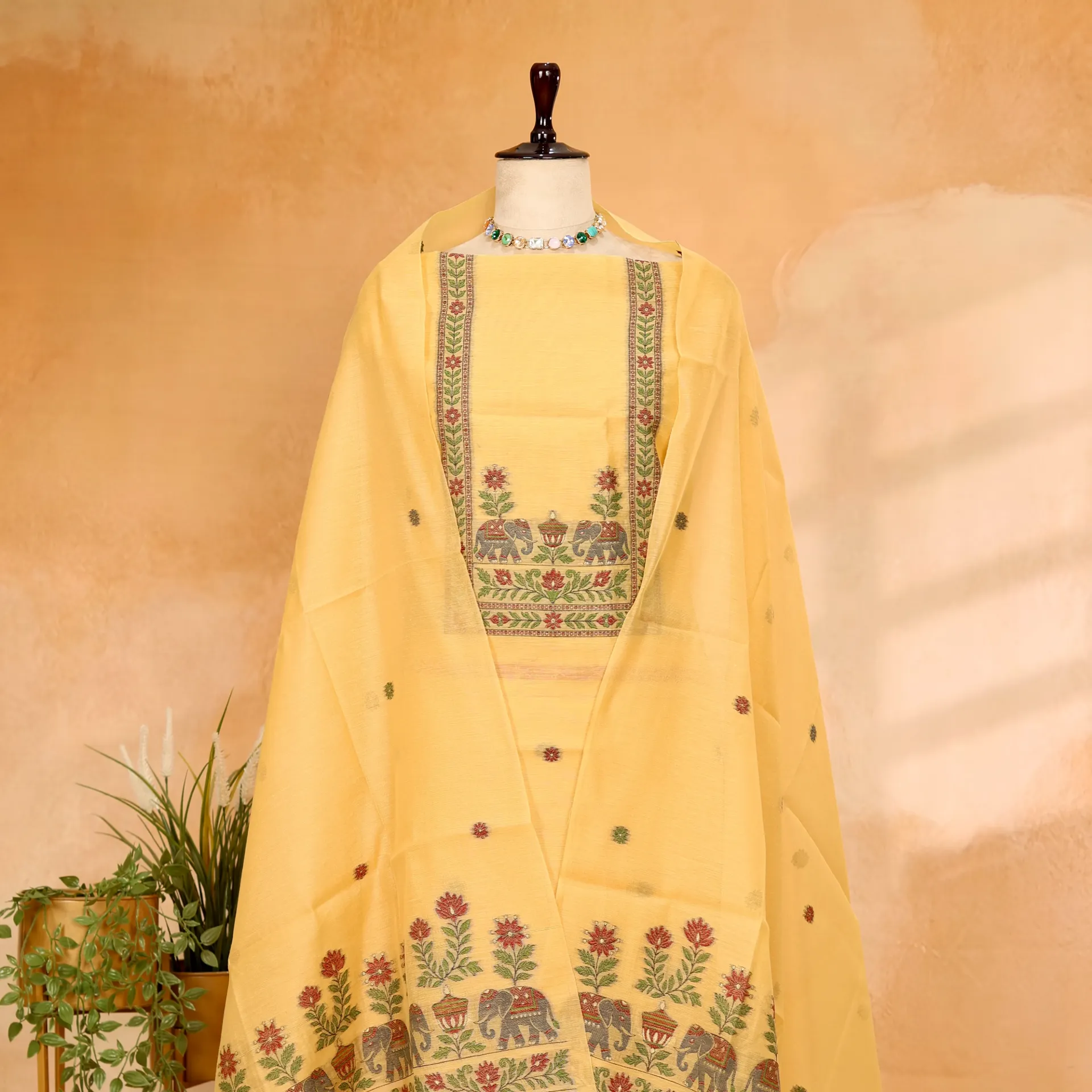 Woven Sunshine Yellow Mul Chanderi Jamdani 2-Piece Suit Set with Royal Elephant Motif
