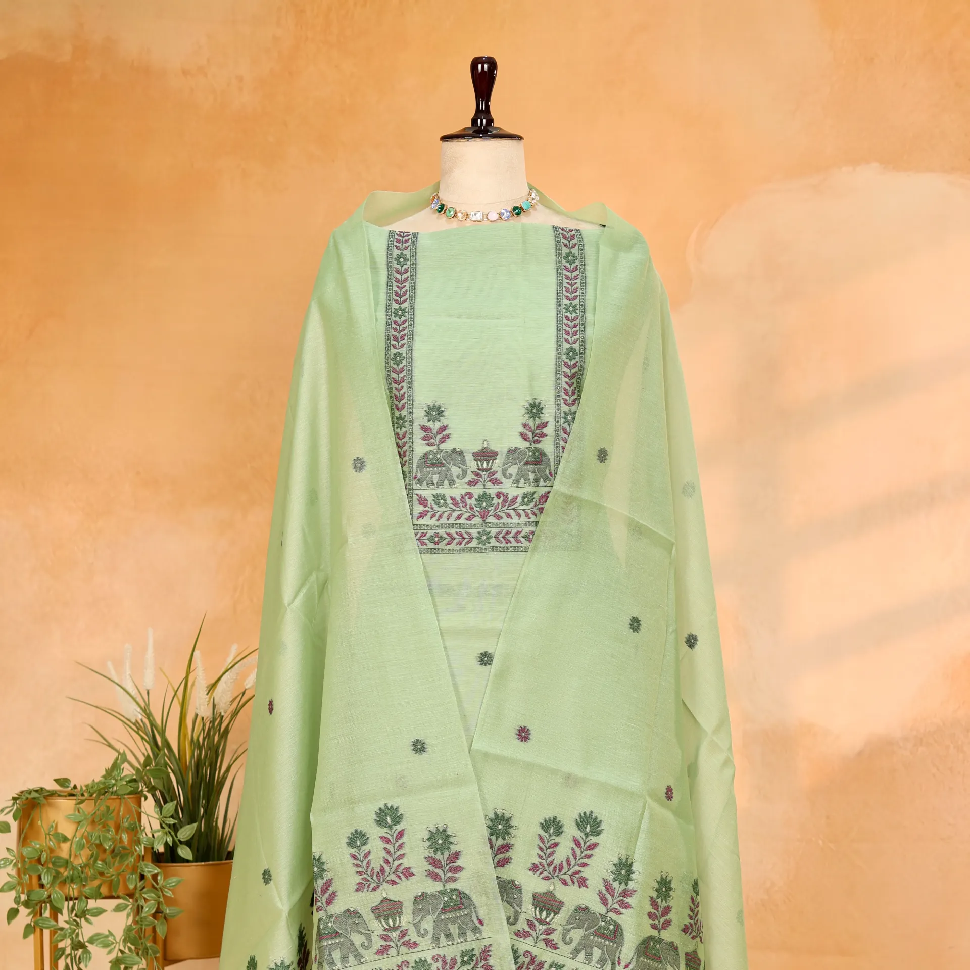 [R-9548 G] Woven Mint Green Mul Chanderi Jamdani 2-Piece Suit Set with Royal Elephant Motif