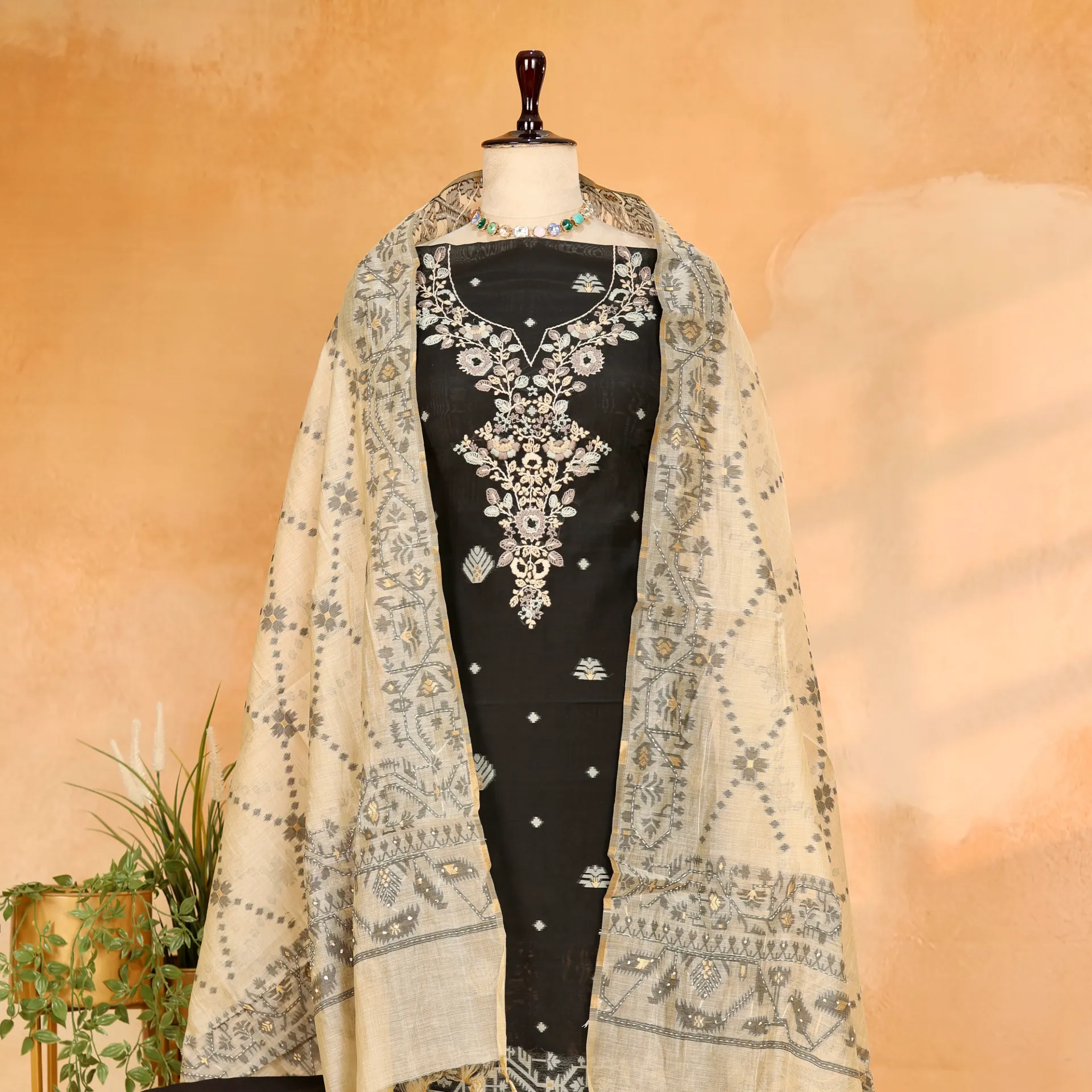 [JMD-239] Black Handcrafted Mul Chanderi Jamdani 3-Piece Suit Set