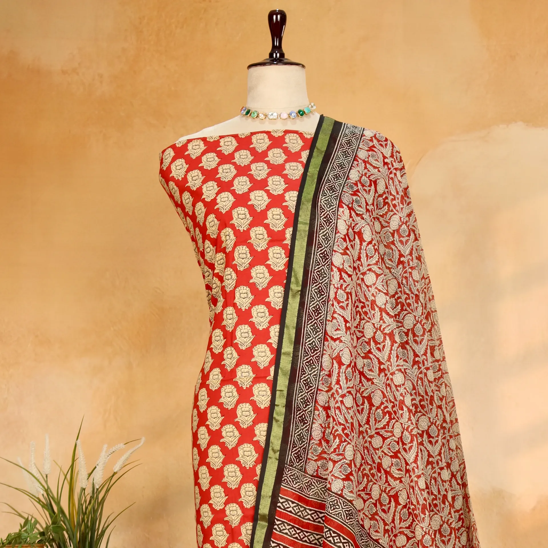 Pure Soft Mallai Cotton Block Printed Suit Set with Kalamkari Kota Doriya Dupatta
