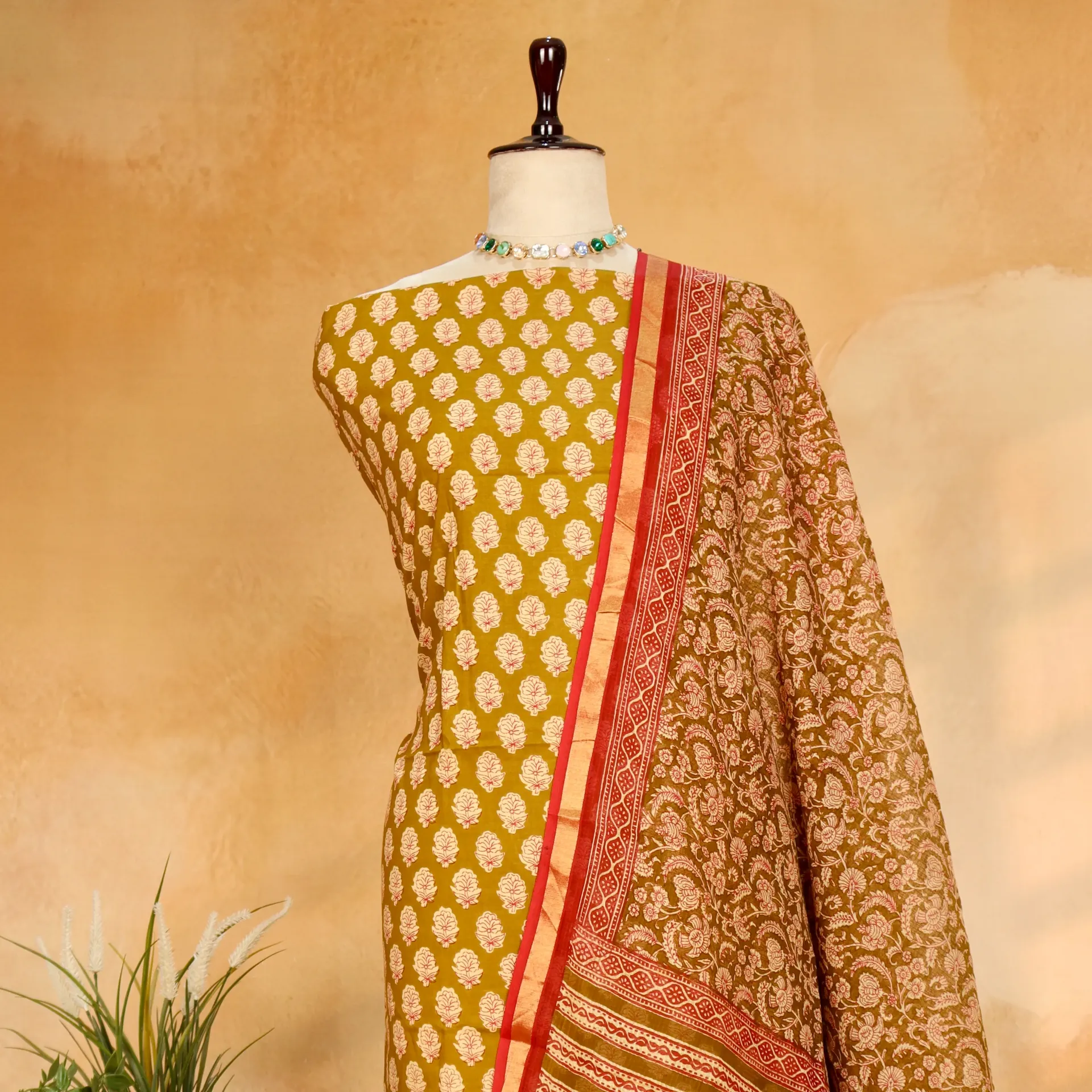 Pure Soft Mallai Cotton Block Printed Suit Set with Kalamkari Kota Doriya Dupatta