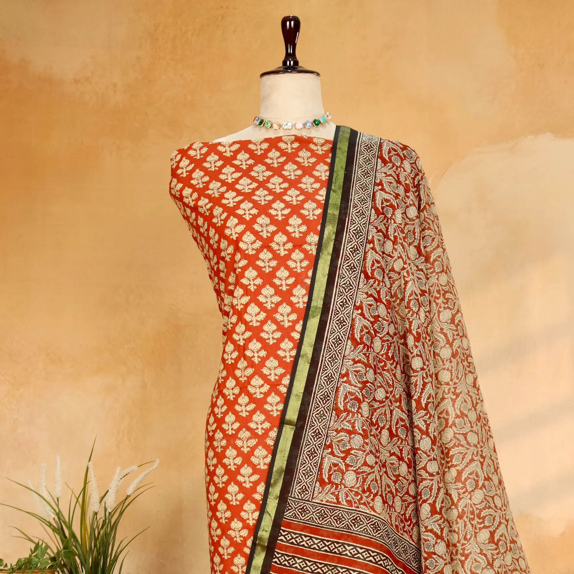 Pure Soft Mallai Cotton Block Printed Suit Set with Kalamkari Kota Doriya Dupatta