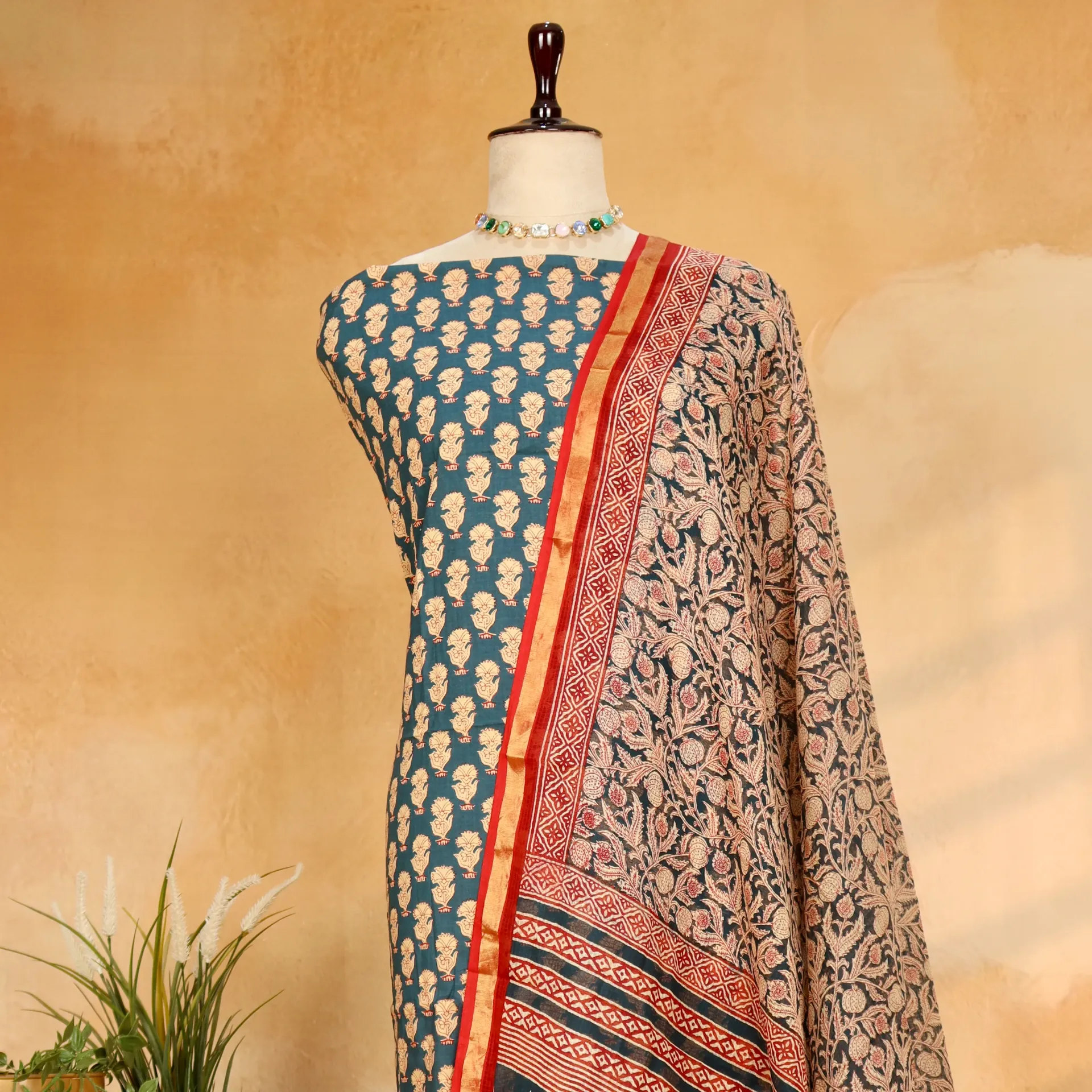 [Aditi 4] Pure Soft Mallai Cotton Block Printed Suit Set with Kalamkari Kota Doriya Dupatta